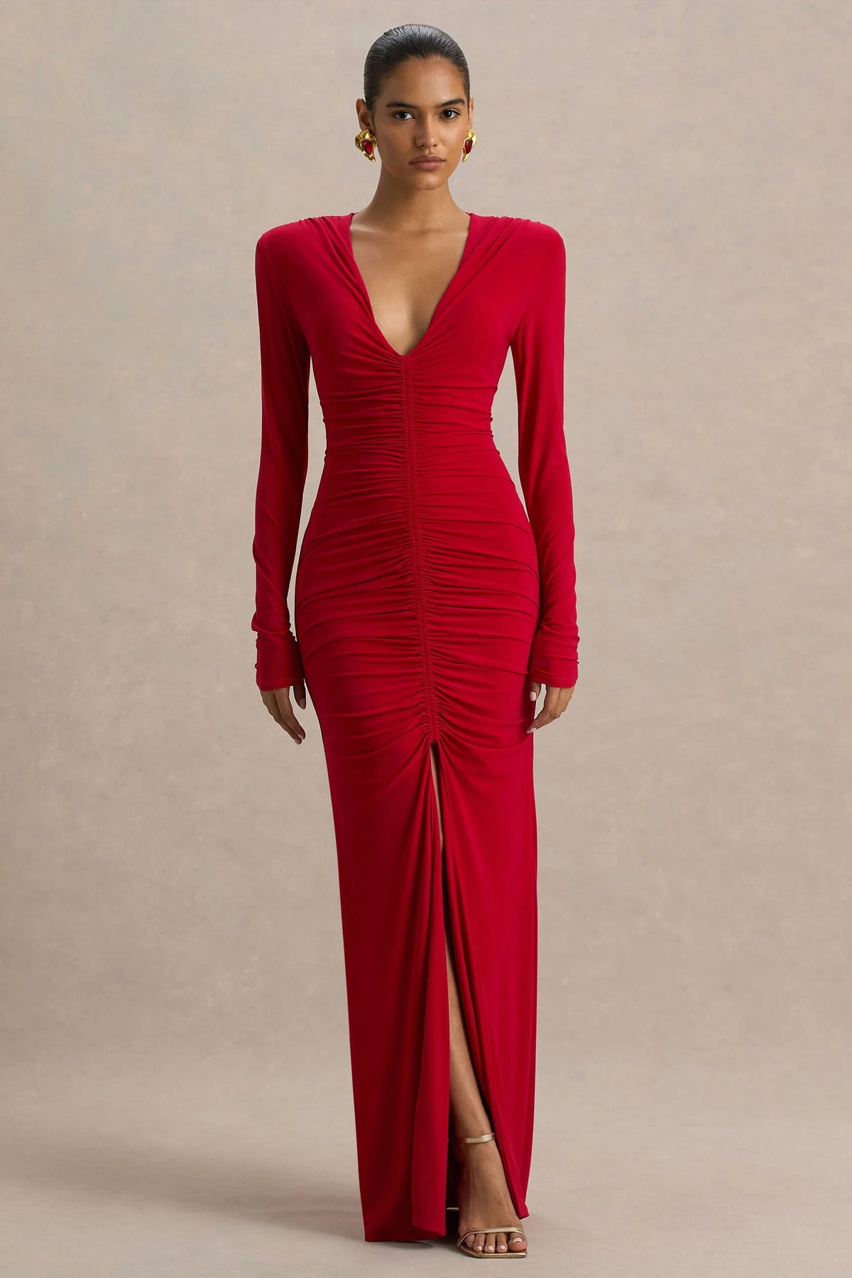 Jewel Red Plunge Neck Maxi Dress With Front Split and Ruched Detailing