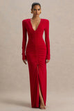 Jewel Red Plunge Neck Maxi Dress With Front Split and Ruched Detailing