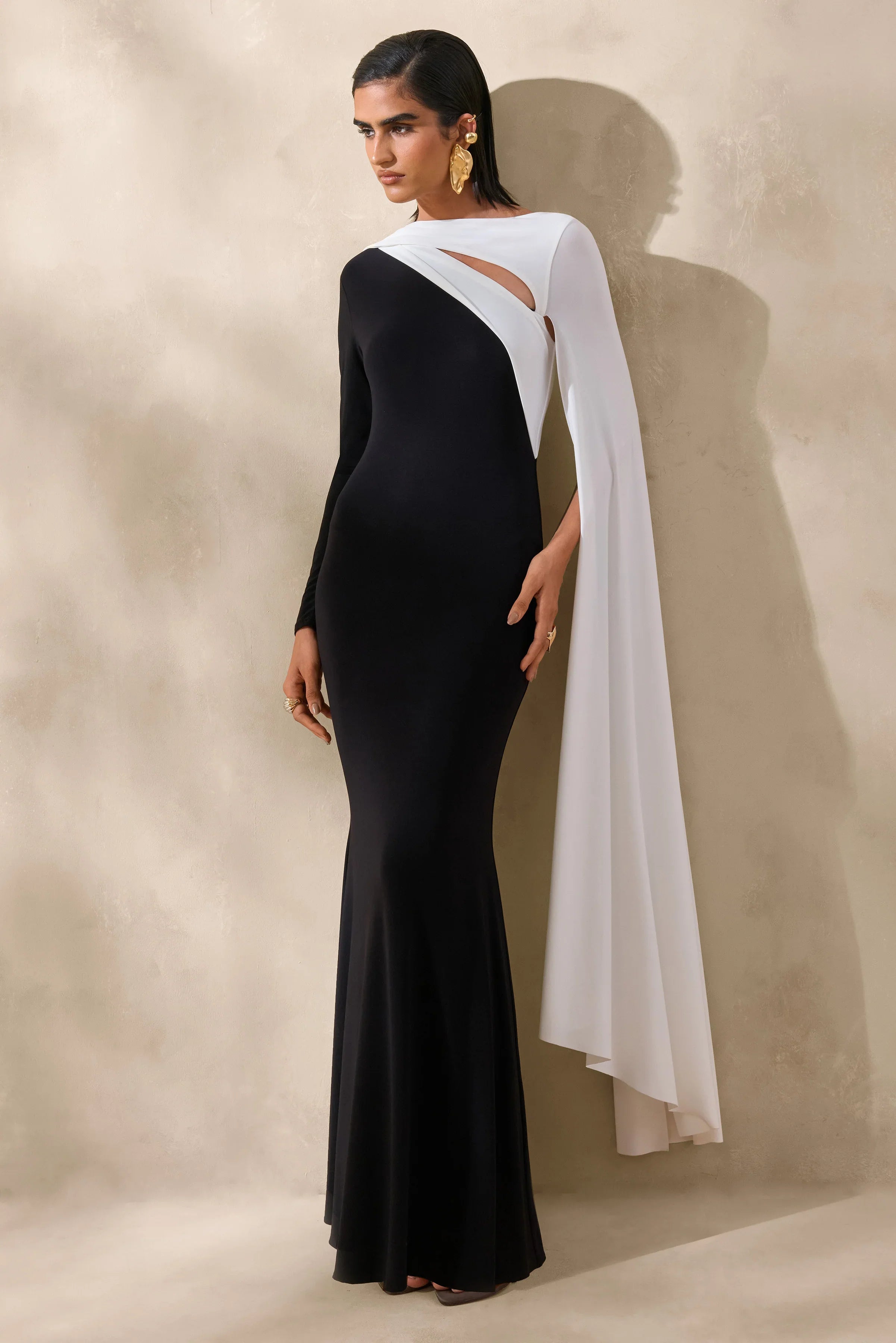 Dabria Black And White Asymmetric Neck Maxi Dress With Cape Sleeve