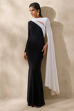 Dabria Black And White Asymmetric Neck Maxi Dress With Cape Sleeve