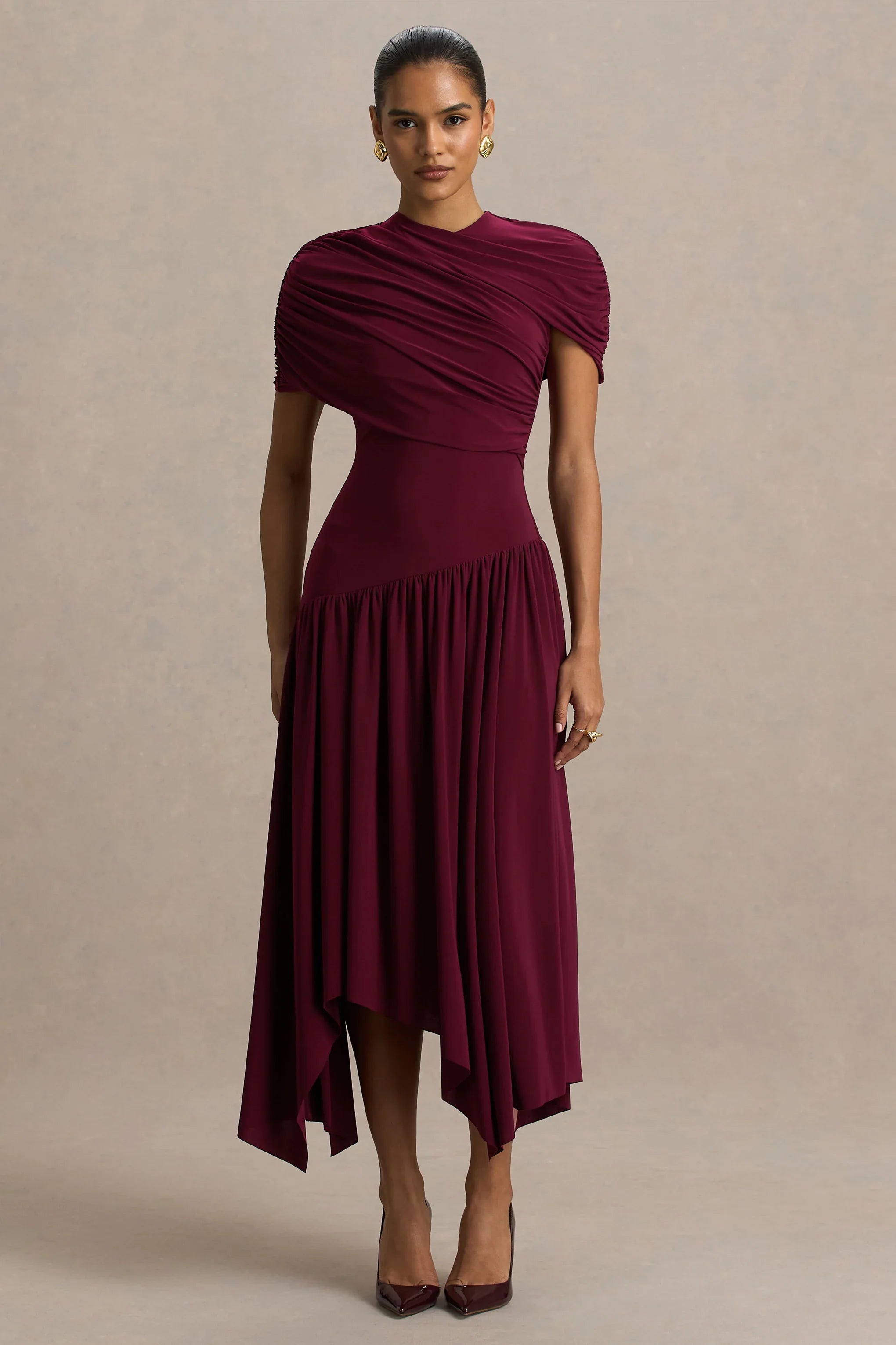 Ione Burgundy Wrapped Midi Dress With Hanky Hem