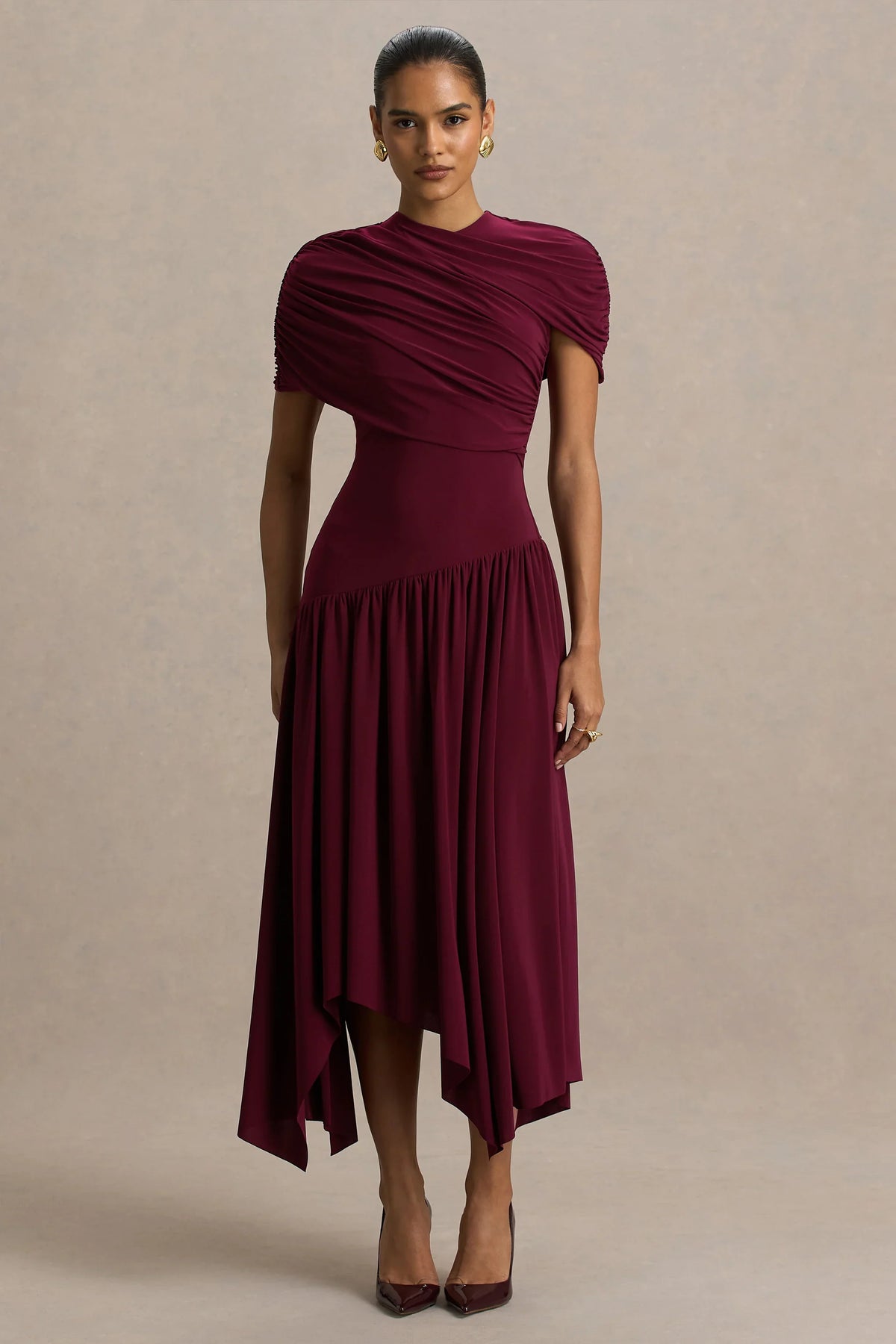 Ione Burgundy Wrapped Midi Dress With Hanky Hem