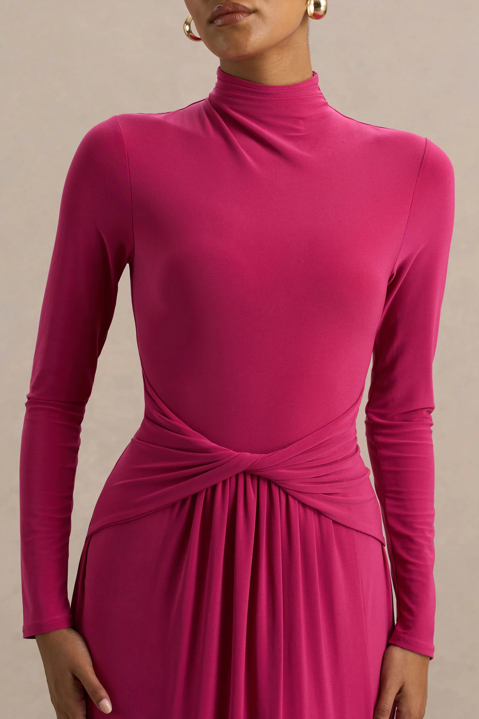 Hourglass Hot Pink Long Sleeve Twisted Maxi Dress With Split
