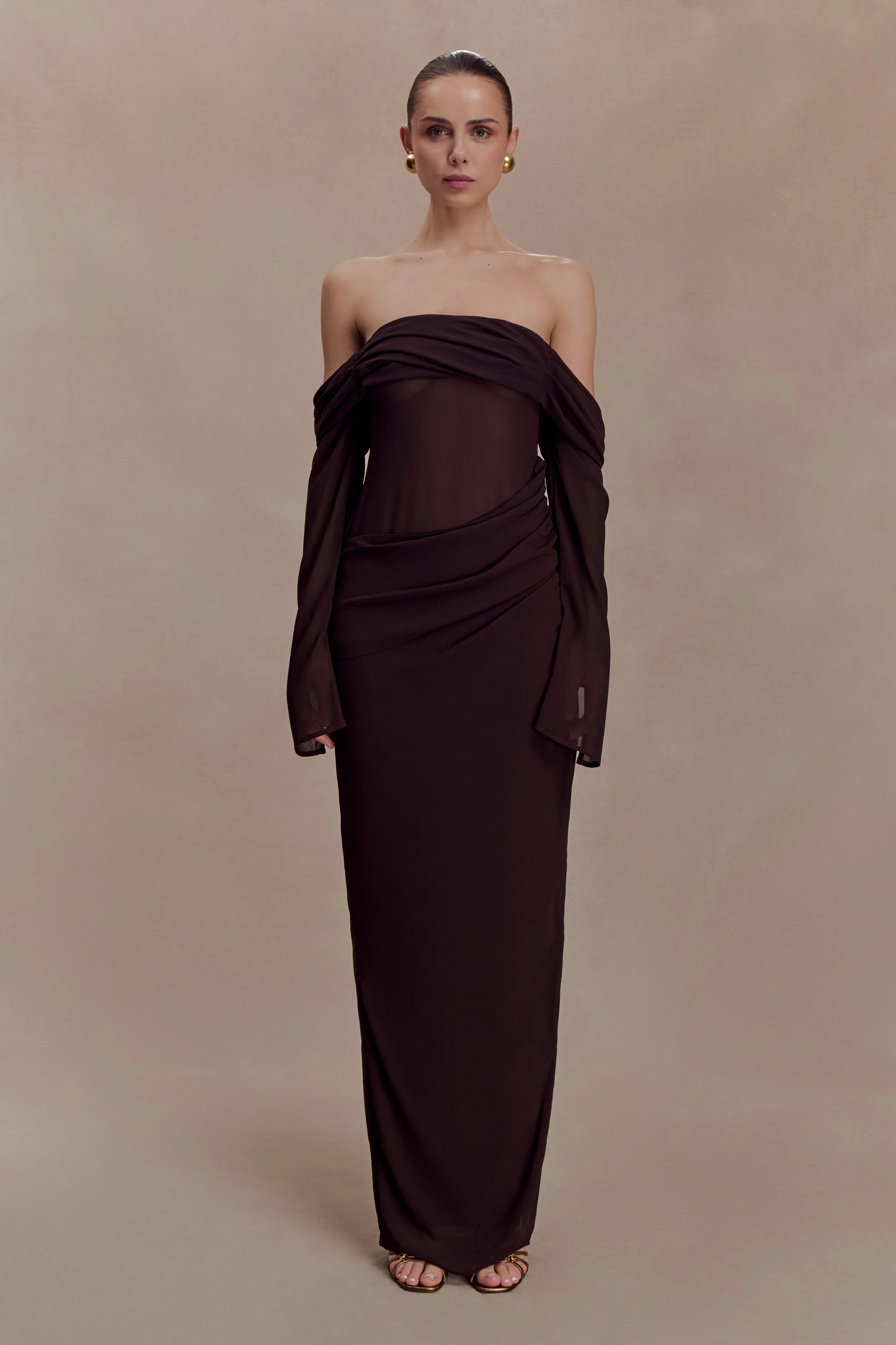 Kirsten Off Shoulder Chiffon Maxi Dress Cacao Brown