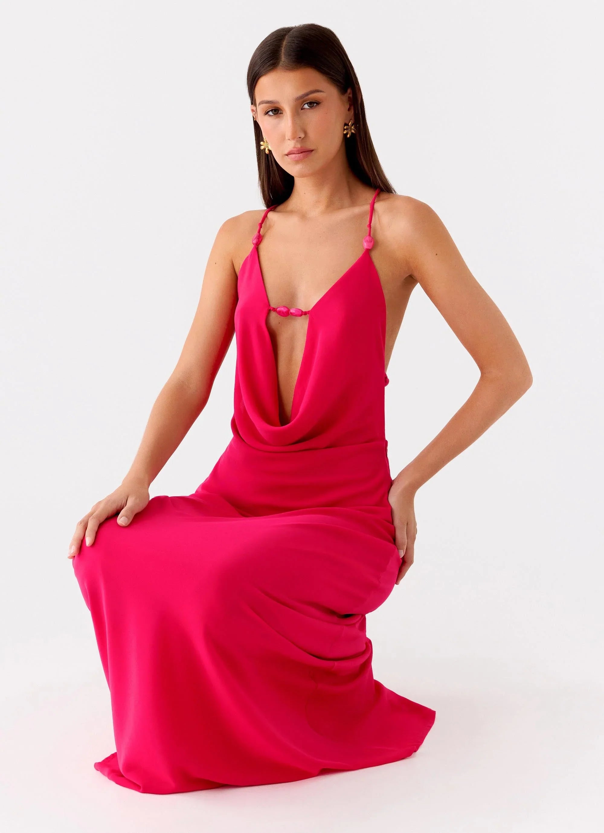Tropic Muse Beaded Cowl Maxi Dress Fuchsia