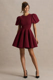 Emelia Burgundy Puff Sleeve Skater Mini Dress
