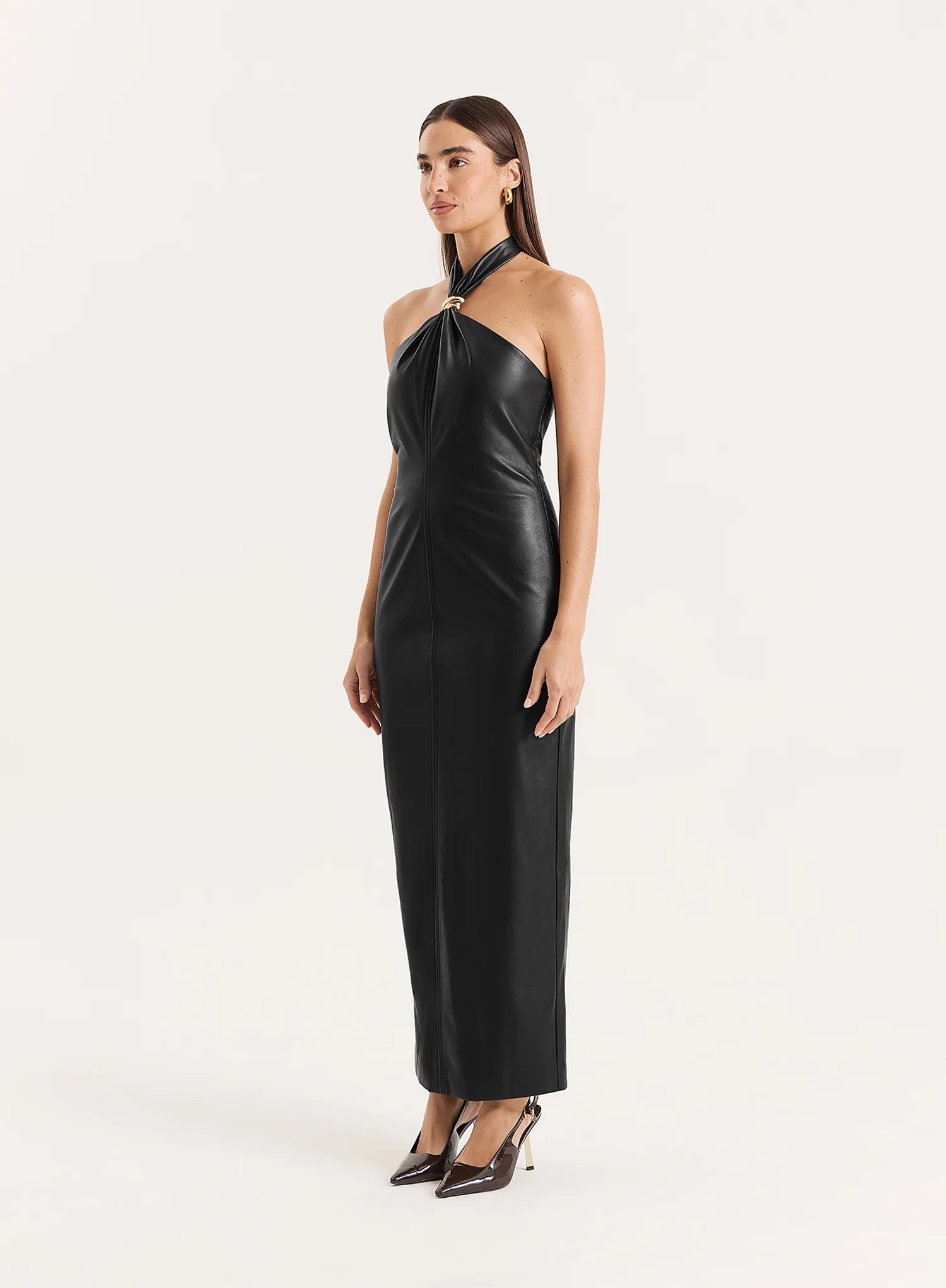 Black Faux Leather Halterneck Maxi Dress