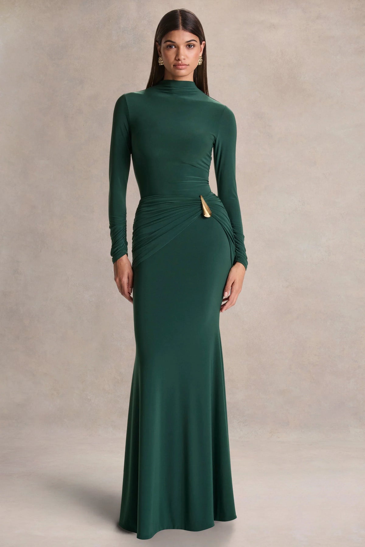 Solarium Dark Green Long Sleeve Maxi Dress With Gold Detail