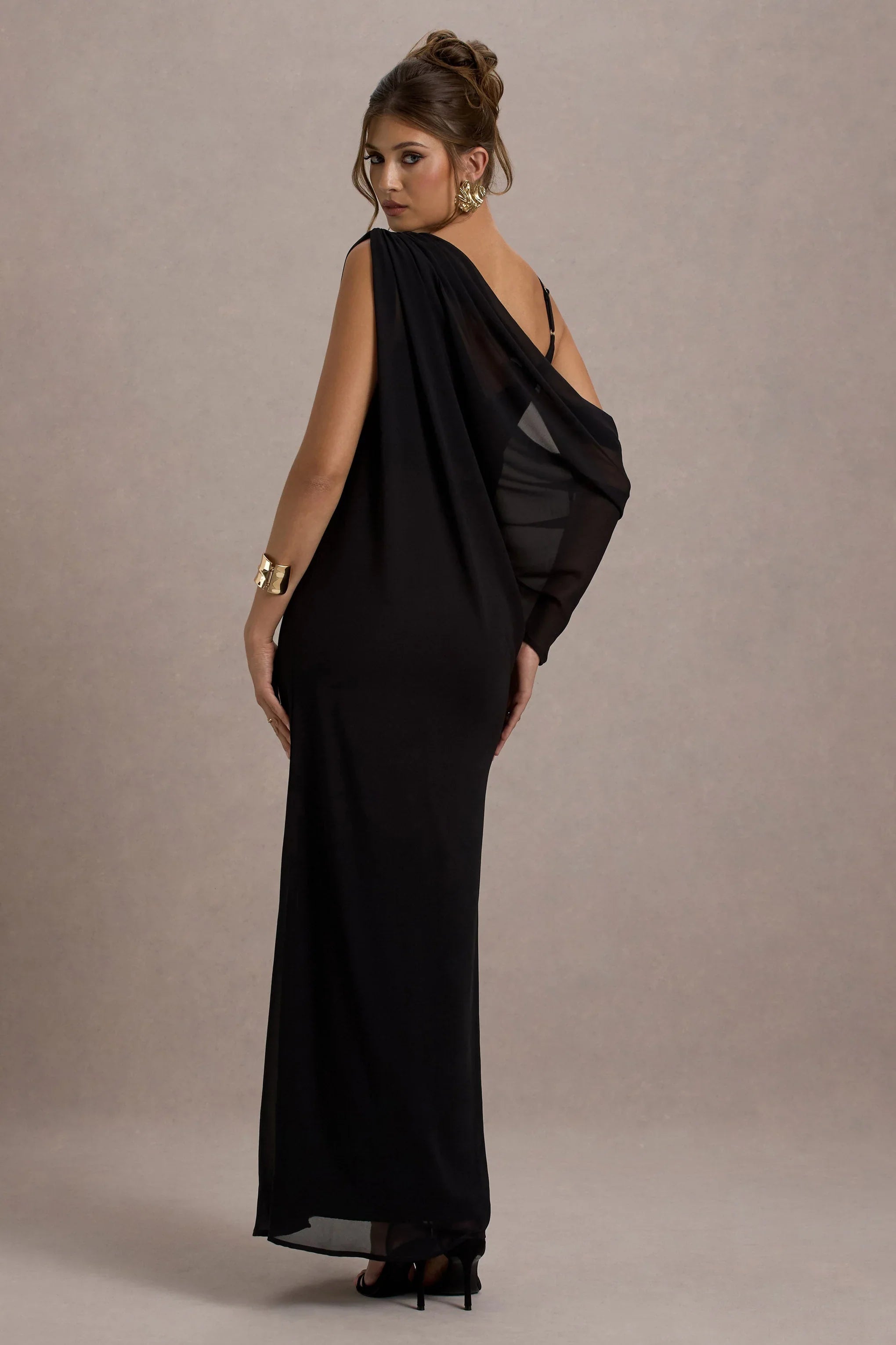 Aeliana Black Strappy V Neck Maxi Dress With Chiffon Sash