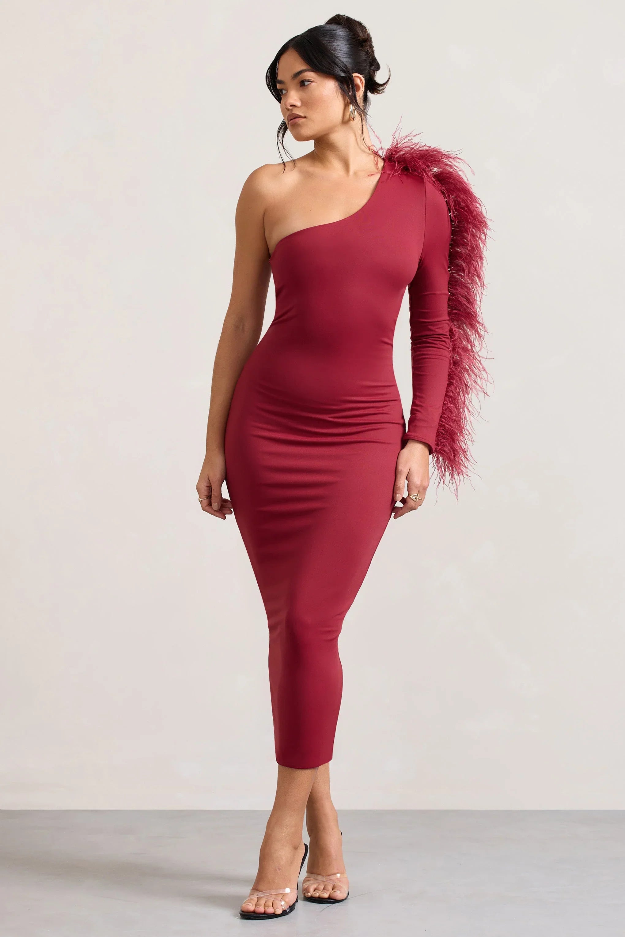 Wild One Burgundy One Shoulder Bodycon Midi Dress With Feather Trimmed Sleeve