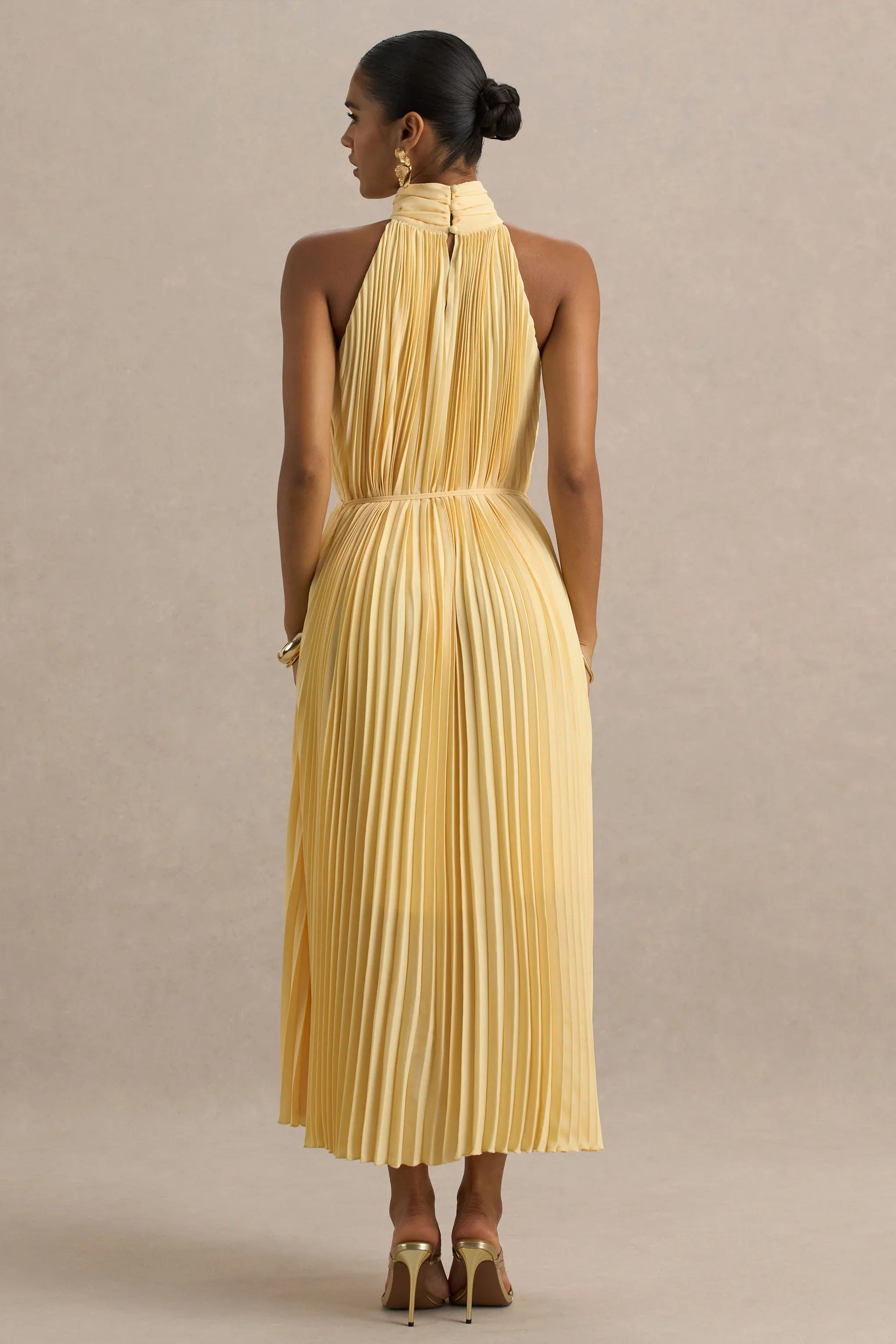 Tulip Lemon Pleated High Neck Midi Dress