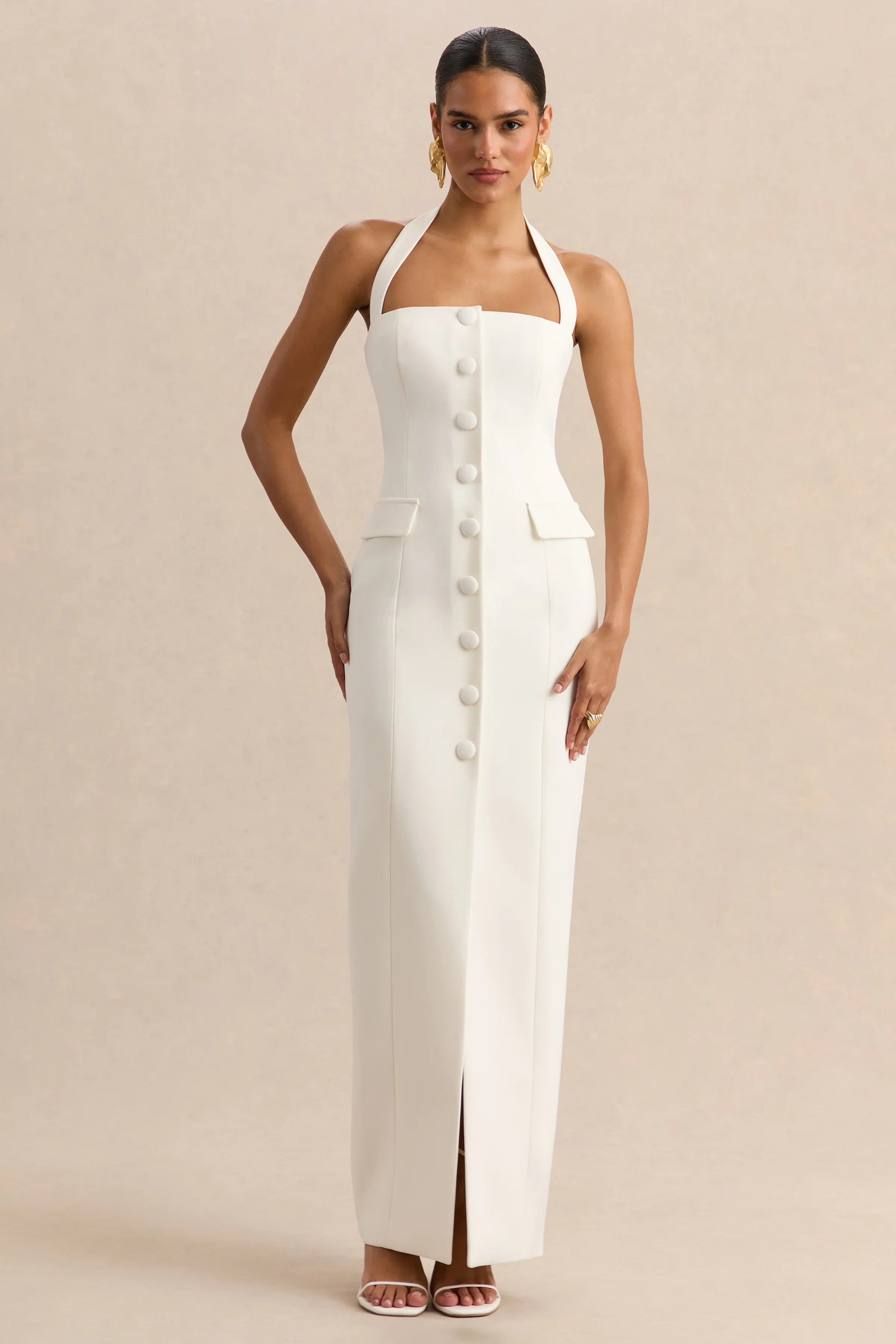 Steph White Halter Neck Tailored Maxi Dress