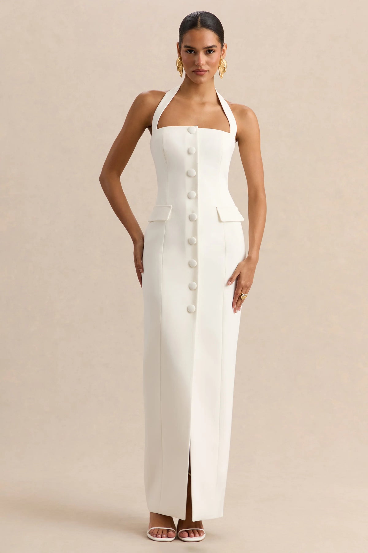 Steph White Halter Neck Tailored Maxi Dress