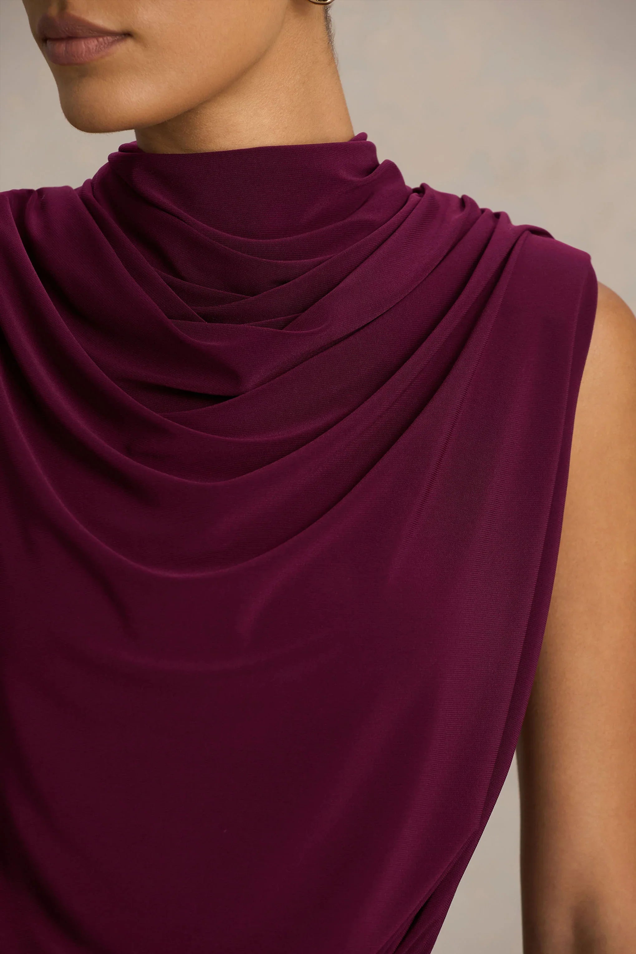 Hermia Burgundy High Neck Midi Dress