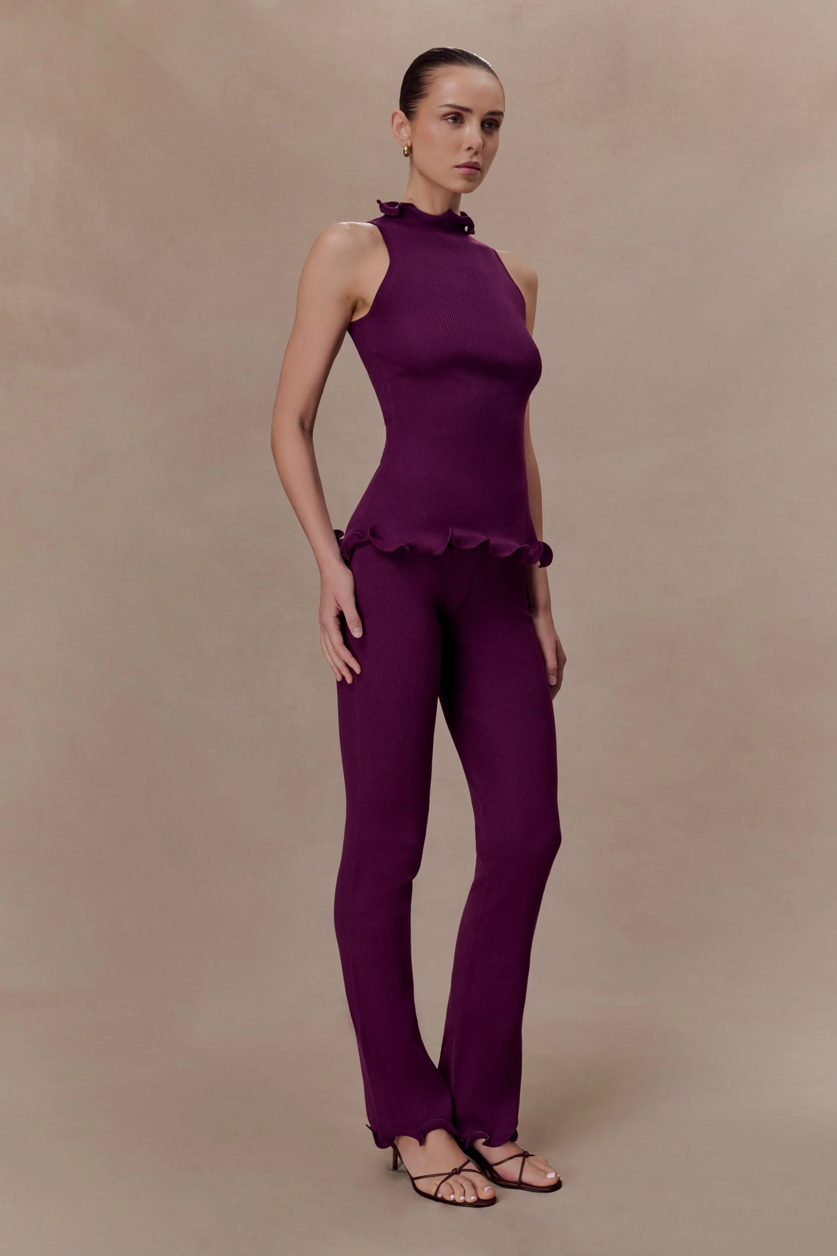 Diya Ribbed High Waisted Pants With Wire Hem Plum
