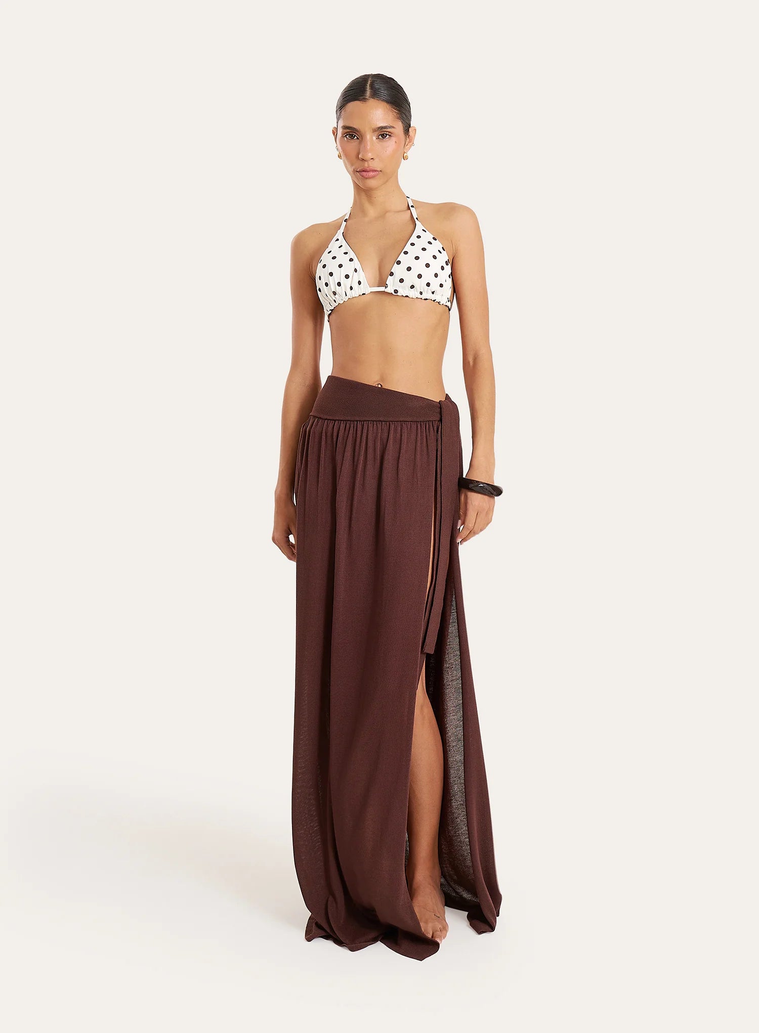 Brown Belt Detail Semi Sheer Thigh Split Maxi Skirt
