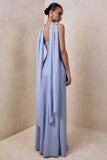 Charly Powder Blue Matte Satin Bandeau Maxi Dress With Scarf Detail