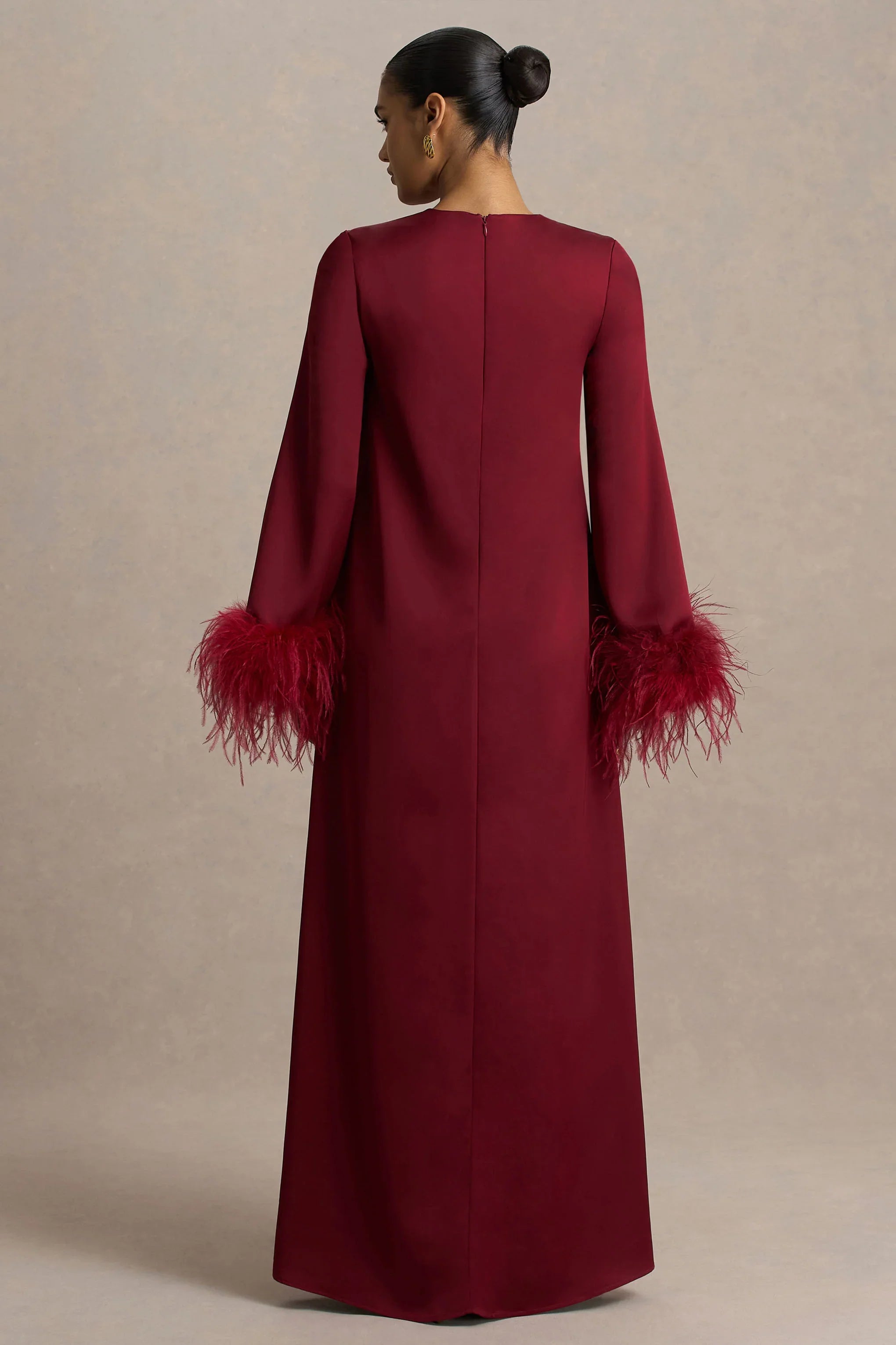 Adella Burgundy Satin Feather Trim Maxi Dress