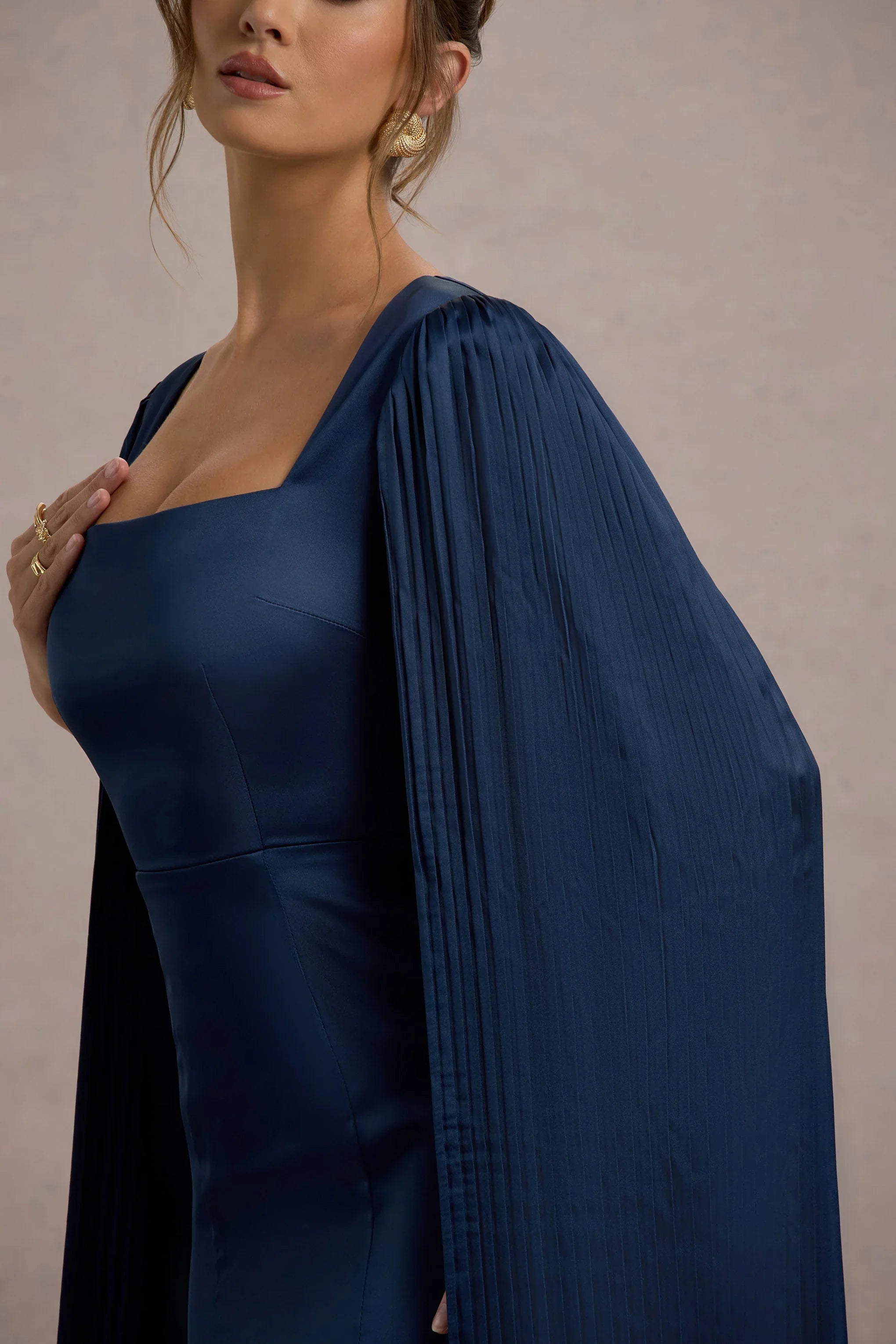 Nalda Navy Square Neck Midi Dress With Cape Sleeves