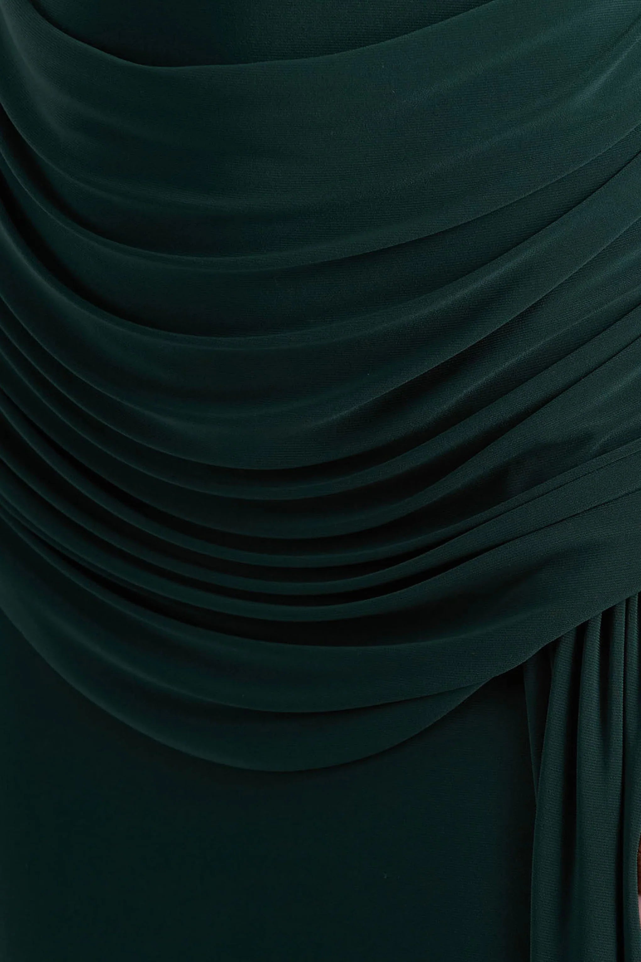 Dynasty Dark Green Asymmetric Neck Maxi Dress With Ruched Detailing And Front High Split