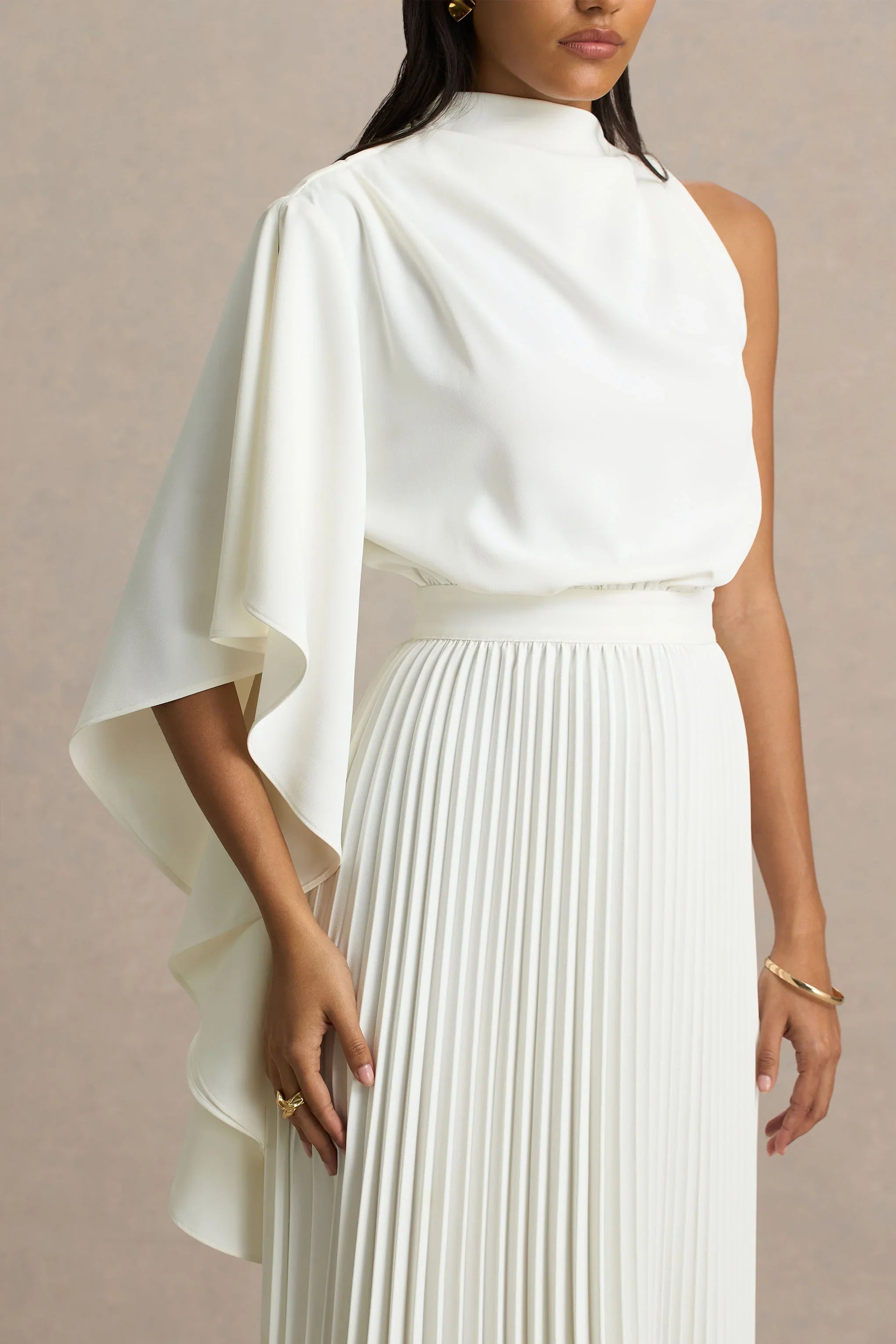 Jimena Cream High Neck Midi Dress With One Long Sleeve And Pleated Detailing