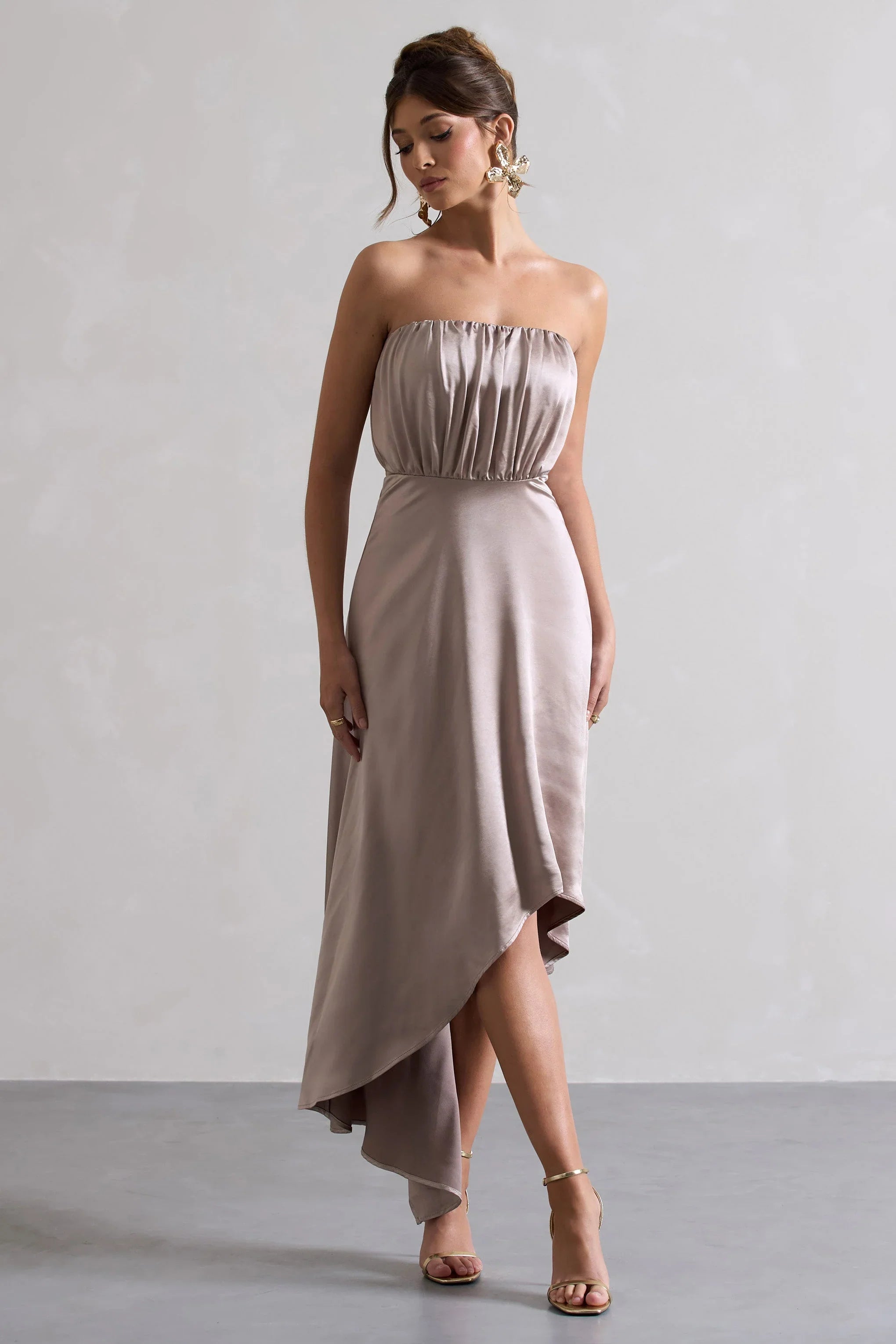 Willa Taupe Satin Bandeau Maxi Dress With Asymmetric Hem