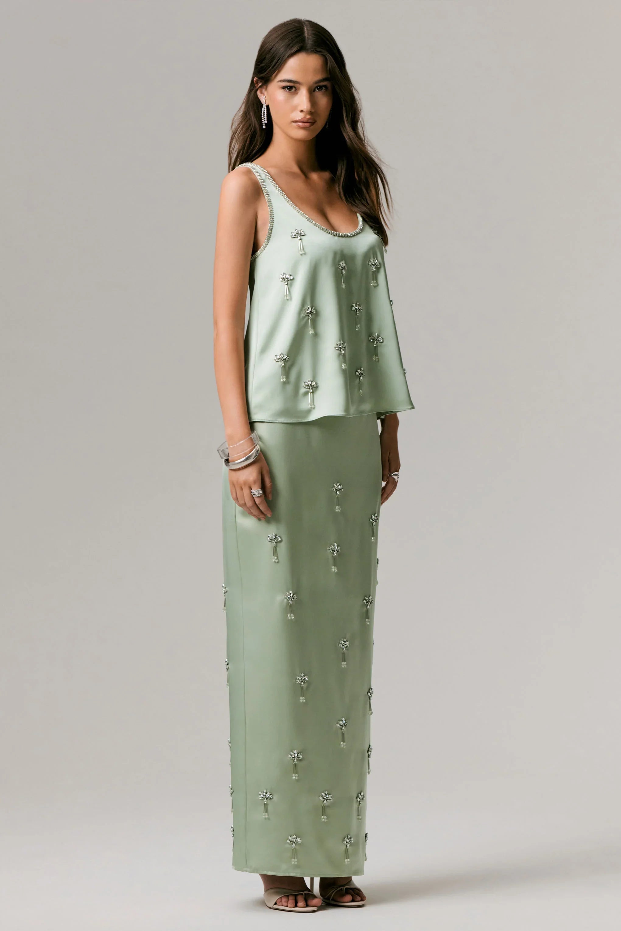 Lena Mint Satin Embellished Maxi Skirt