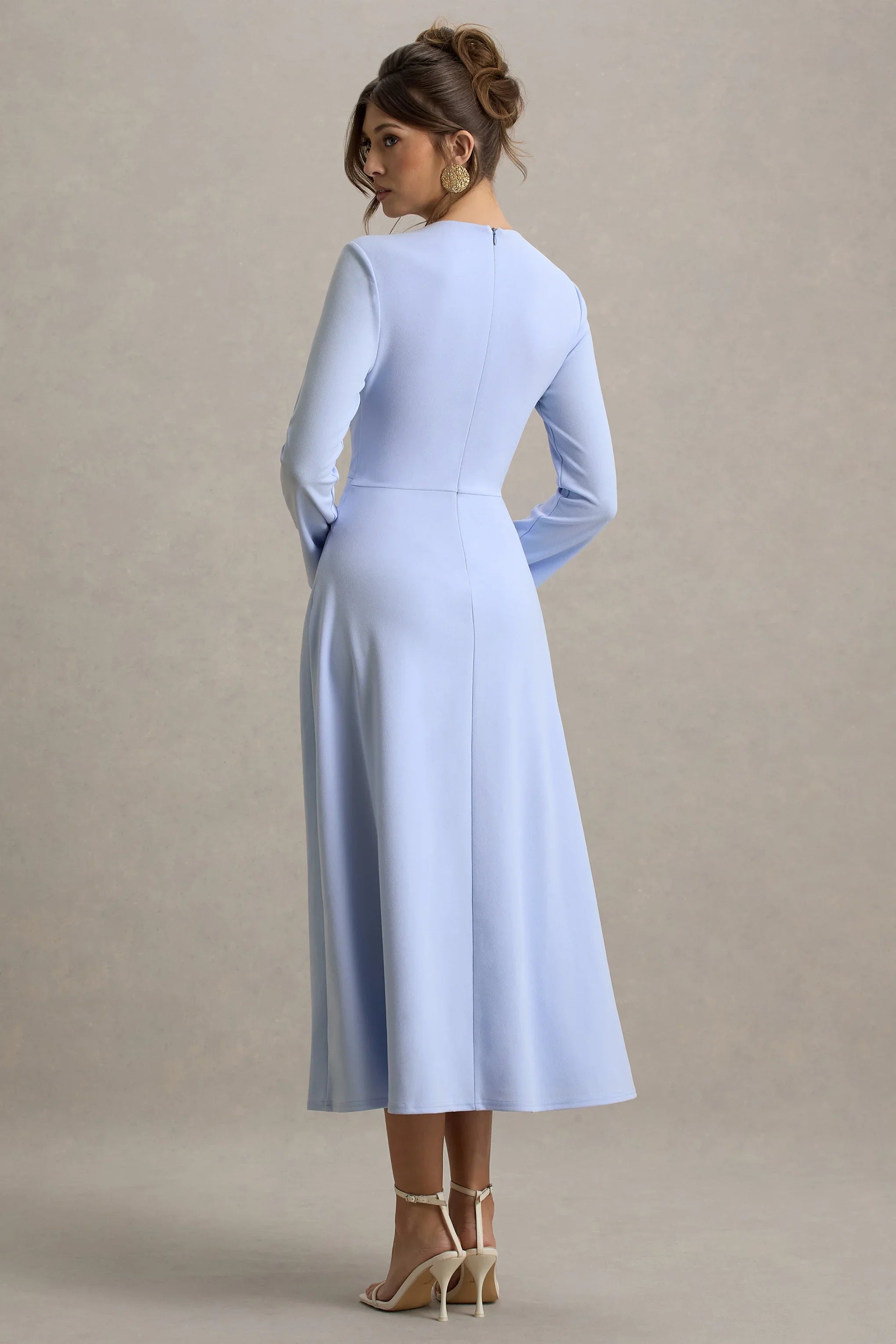 Cassiopeia Light Blue Long Sleeve Midi Dress With Cross Waist