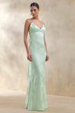 Carelle Green Satin Plunge Neck Maxi Dress With Asymmetric Drop Waist