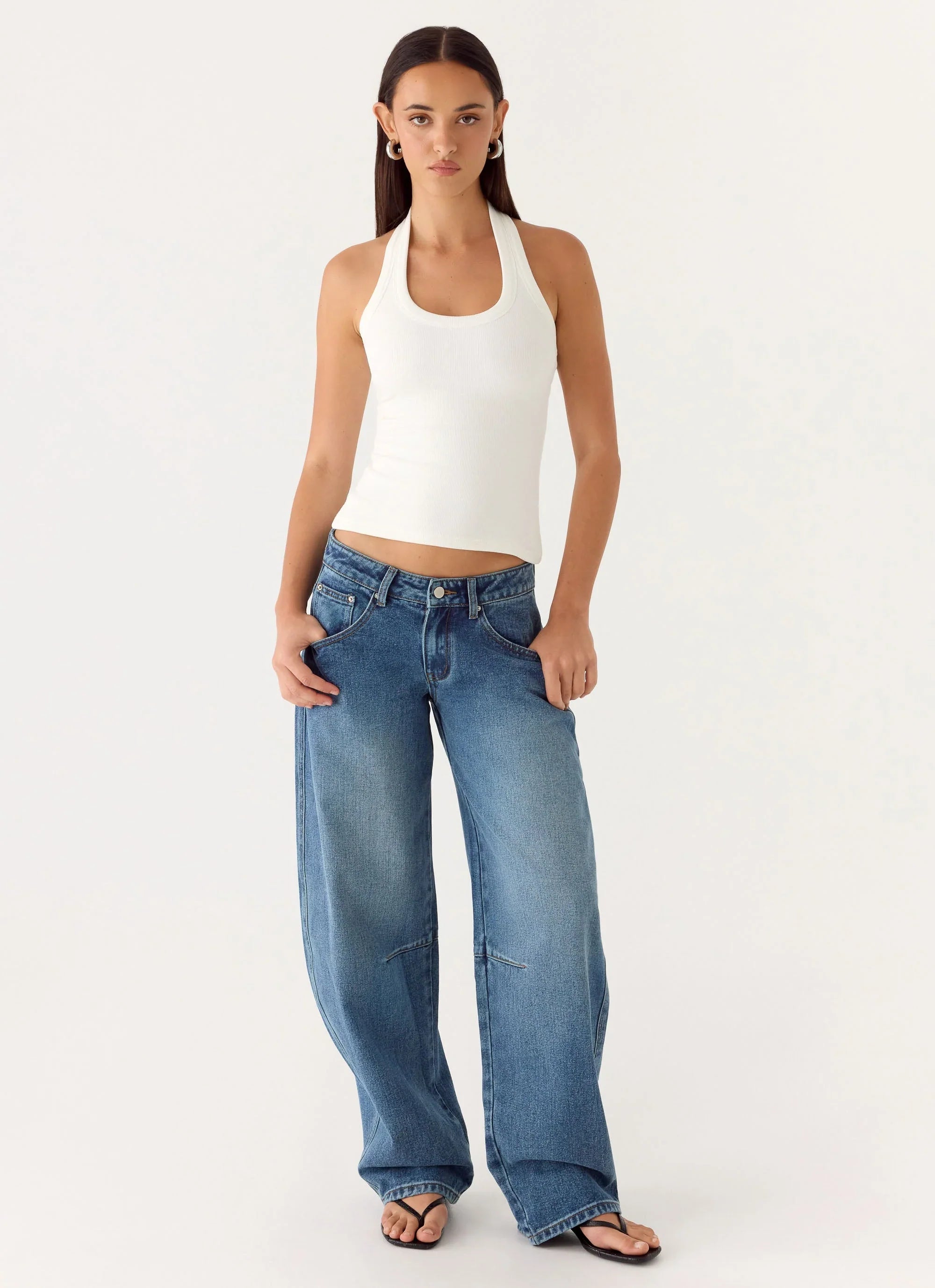 Stevie Low Rise Barrel Leg Denim Jeans Mid Wash Blue