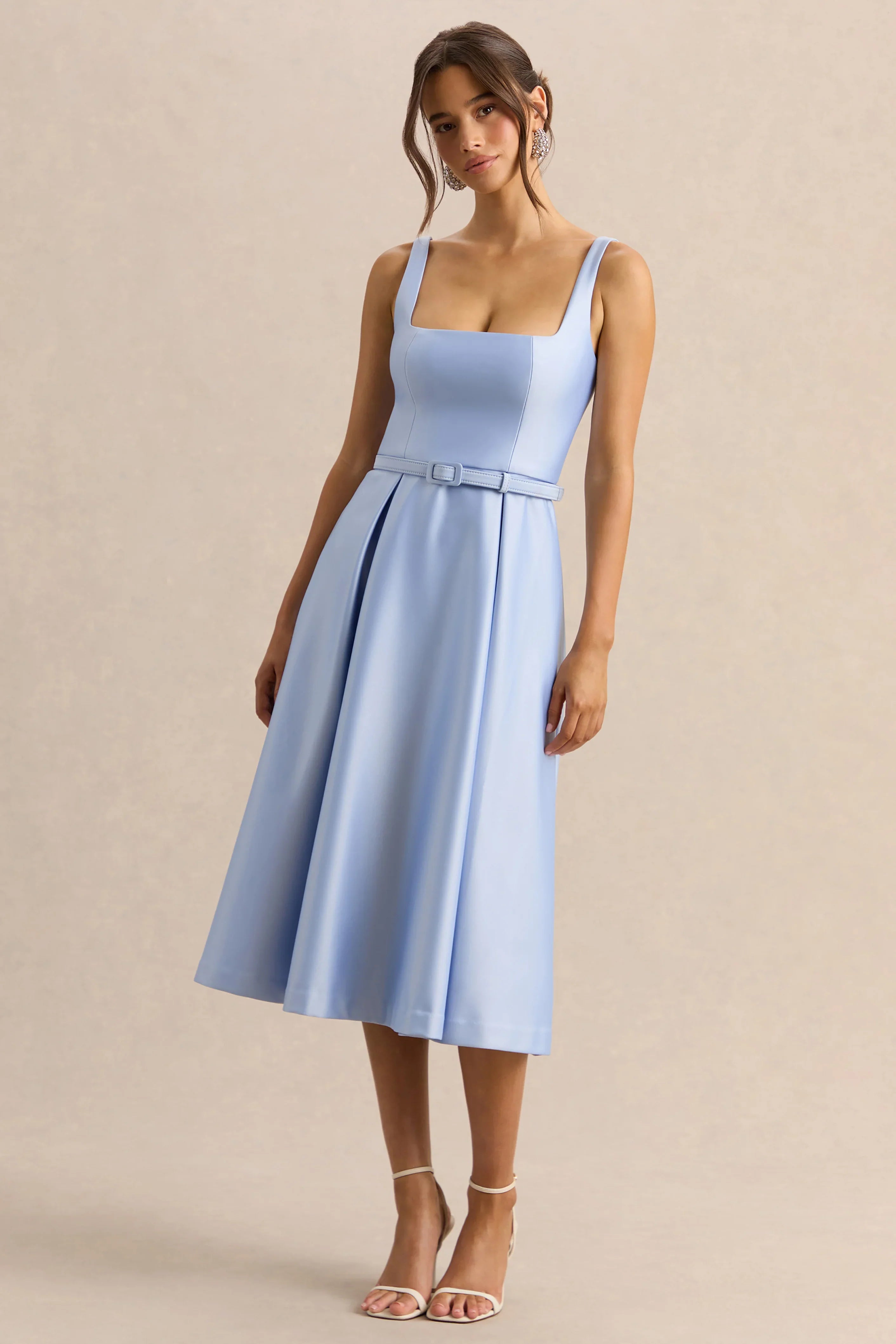 Crystaline Powder Blue Satin Square Neck Midi Dress