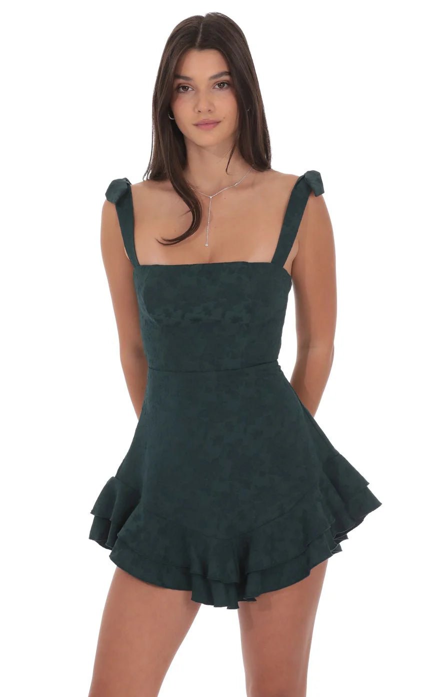 Floral Jacquard Ruffle A line Dress in Forest Green