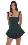 Floral Jacquard Ruffle A line Dress in Forest Green