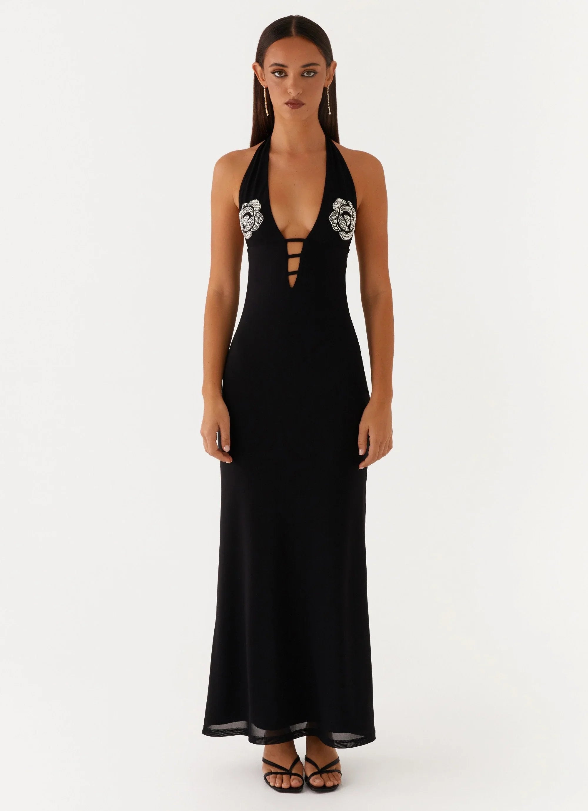 Polina Beaded Halterneck Maxi Dress Black