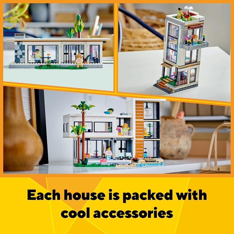 LEGO Creator 3 in 1 Modern House 31153 Back to School Gift for Students Building Toy Girls Boys Ages 9 3 Building Options 939 pieces 2 Minifigures