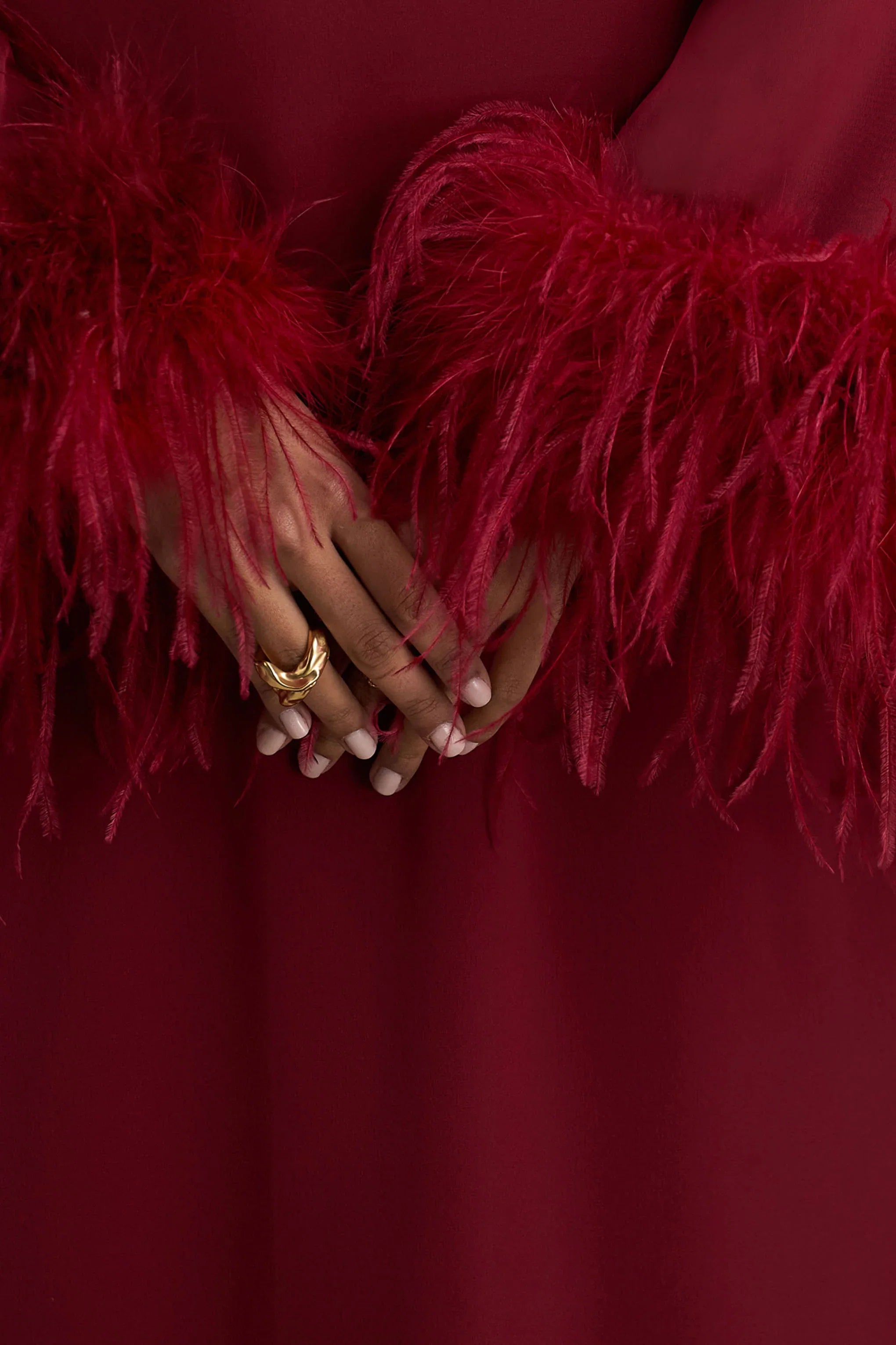 Adella Burgundy Satin Feather Trim Maxi Dress