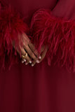 Adella Burgundy Satin Feather Trim Maxi Dress