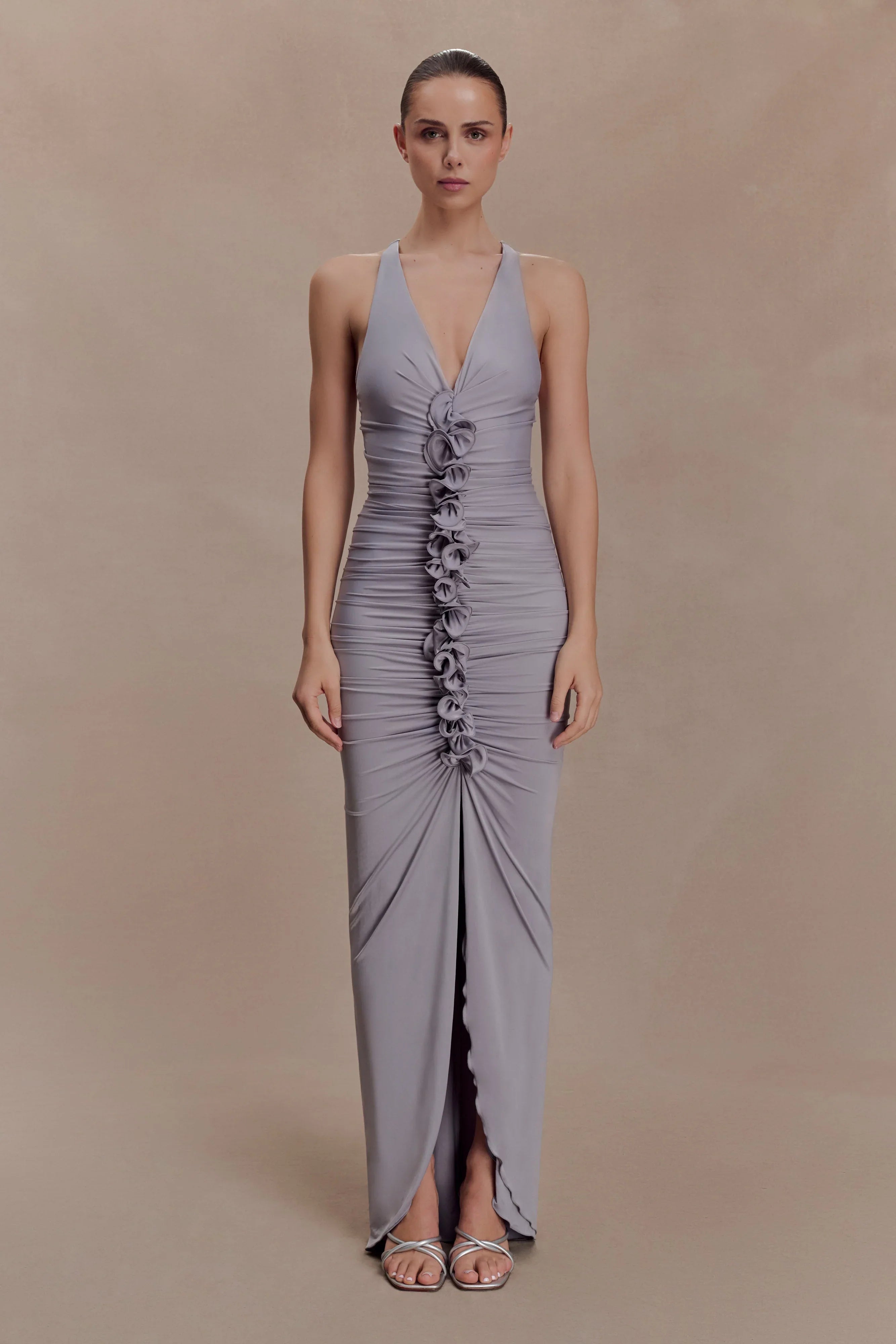 Alessandra Slinky Ruffle Maxi Dress Grey