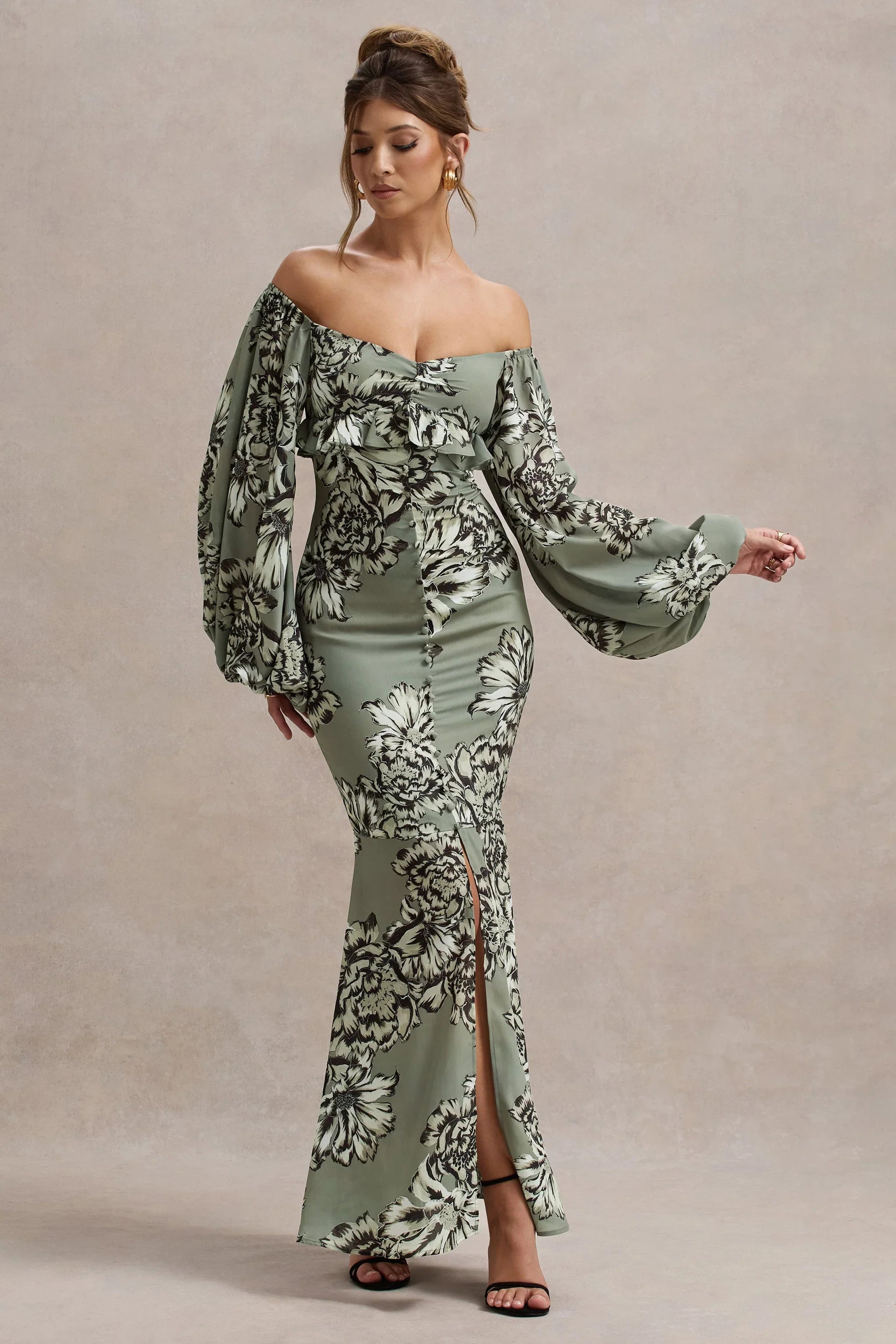 Murcia Olive Floral Print Chiffon Puff Sleeve Button Maxi Dress