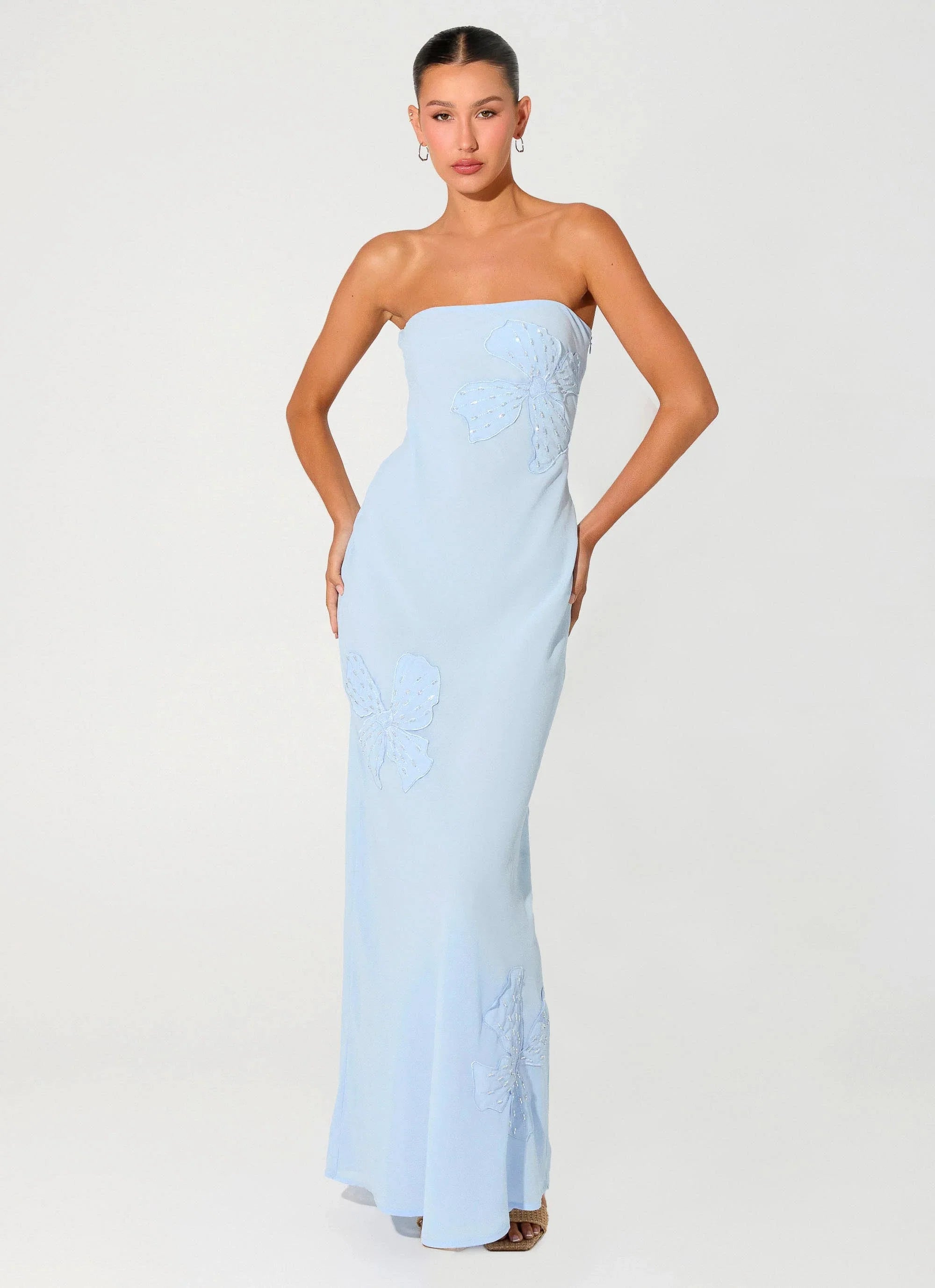 Sassafras Beaded Flower Strapless Maxi Dress Blue