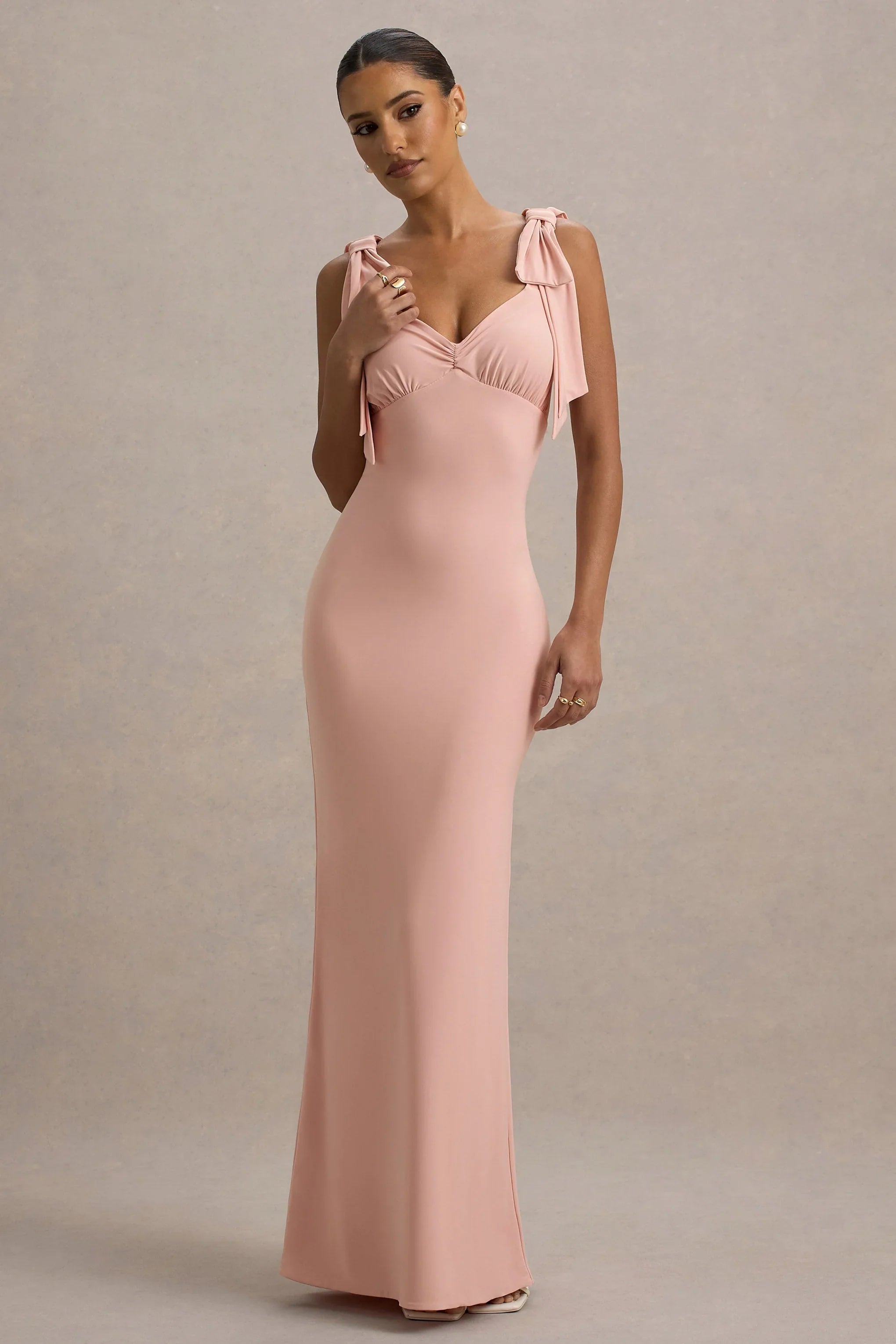 Evanna Pink V Neck Maxi Dress With Bow Straps