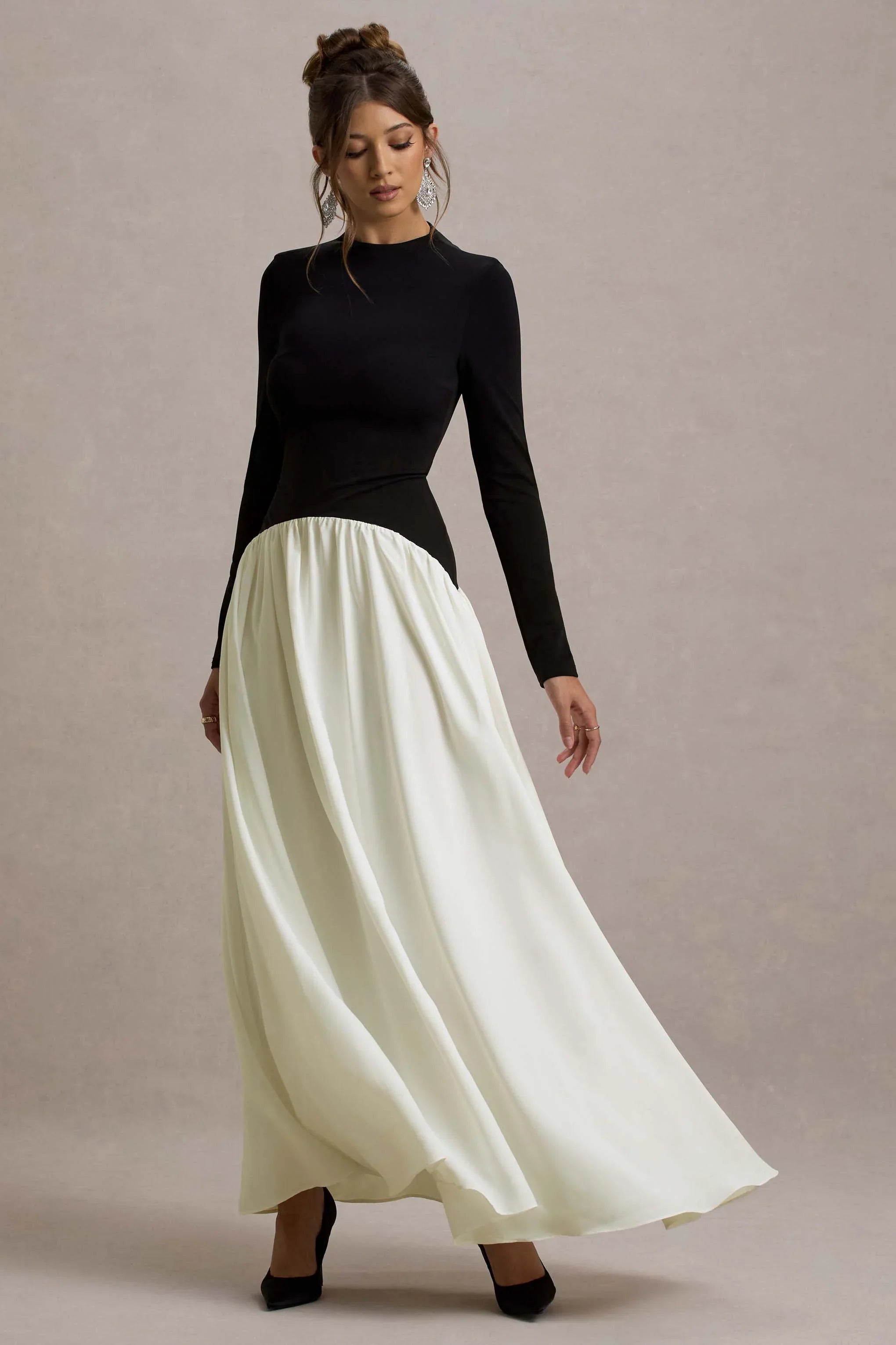 Benedetta Black Cream Long Sleeve Drop Waist Maxi Dress