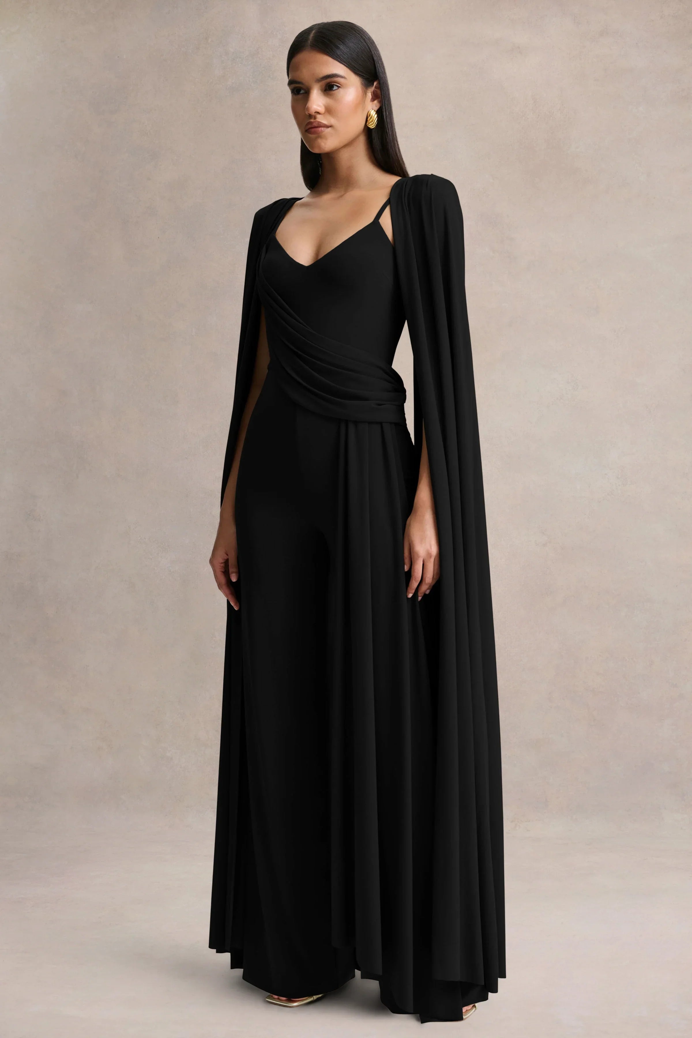 Labina Black Plunge Neck Jumpsuit With Cape Sleeves