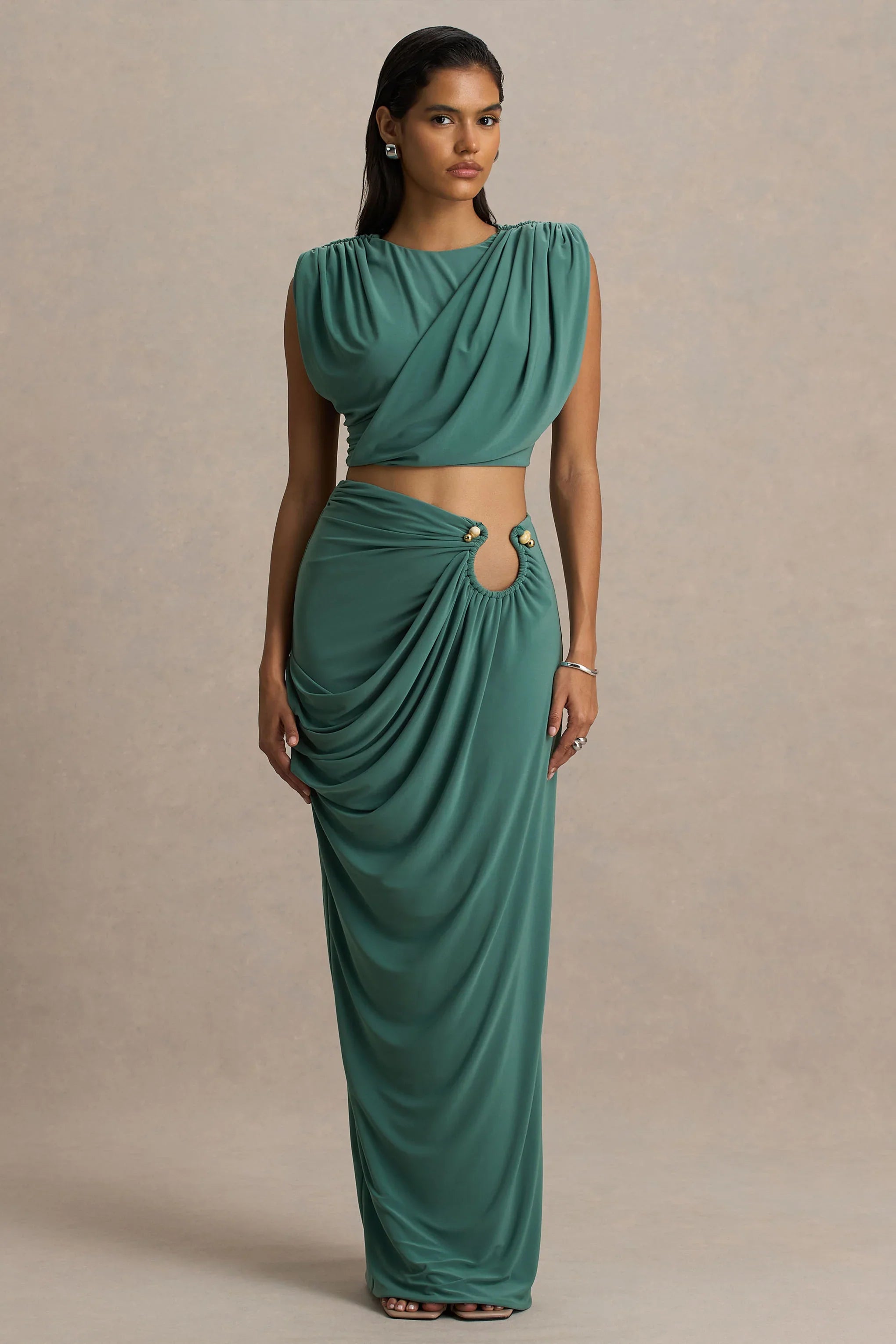 Avaline Green Wrap Maxi Skirt With Ruched Detailing