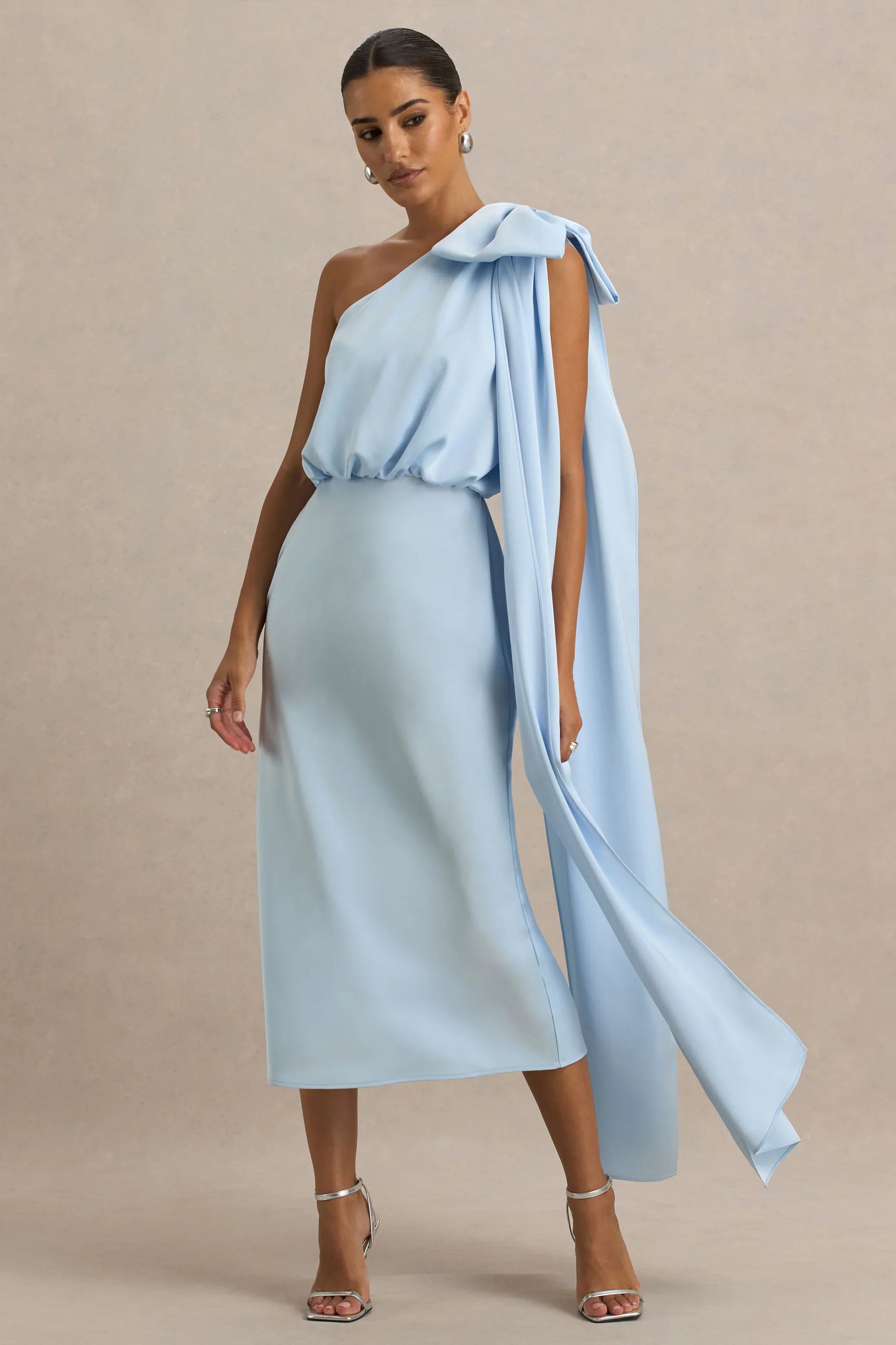 Celestia Powder Blue Satin Asymmetric Neck Midi Dress With Cape Detail