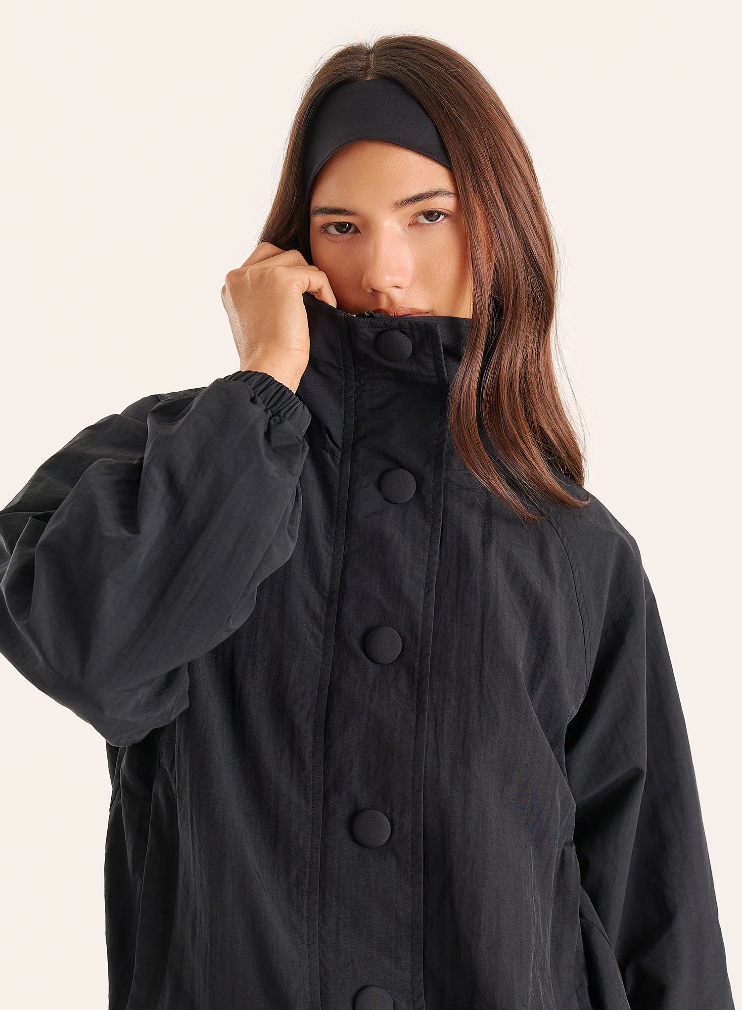 Black Funnel Neck Windbreaker Jacket