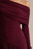 Farah Burgundy Asymmetric Neck Maxi Dress With Drop Waist And Ruched Detailing