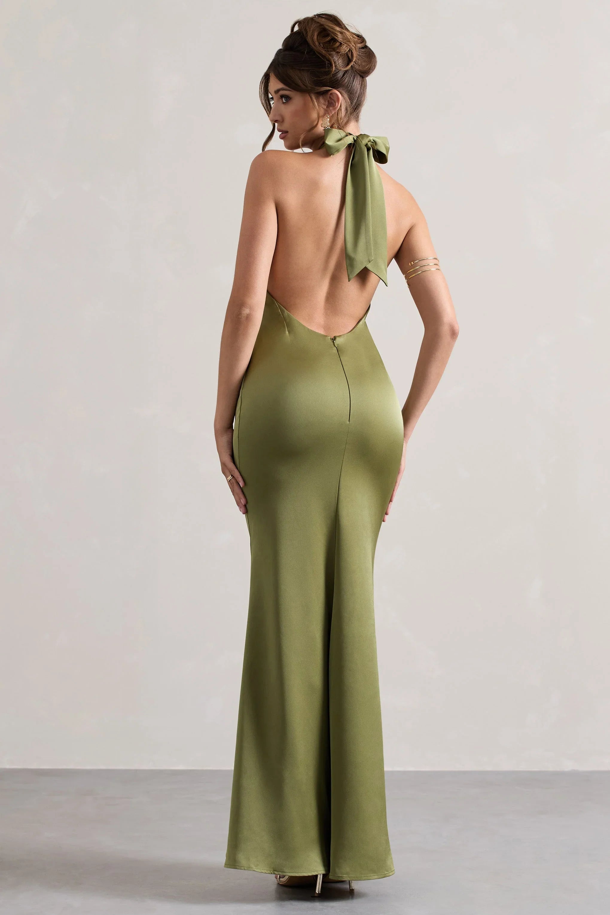 Unbeatable Olive Satin Cross Over Halter Neck Maxi Dress