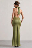 Unbeatable Olive Satin Cross Over Halter Neck Maxi Dress