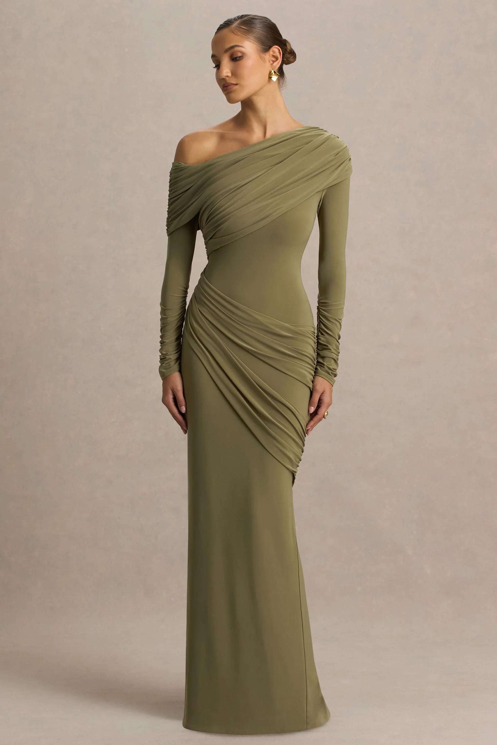 Perrie Olive Asymmetric Neck Maxi Dress With Ruched Detailing